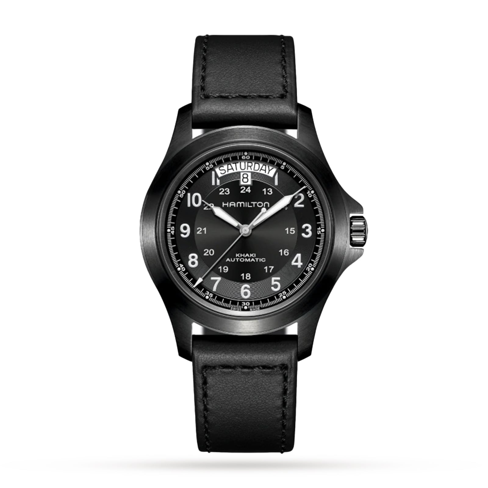 The Hamilton Khaki Field King Auto wristwatch features a black dial with white numerals and hands, day-date display, and a black leather strap—reflecting the brands iconic military-inspired field watch design.