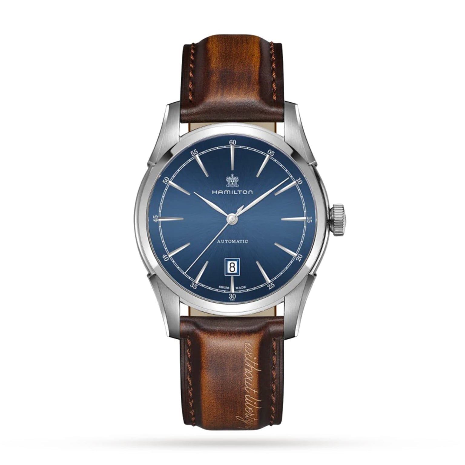 A Hamilton American Classic Spirit of Liberty Auto wristwatch with a silver case, blue dial, date at 6 o’clock, brown leather strap, and H-10 automatic movement with 80-hour power reserve, set on a white background.