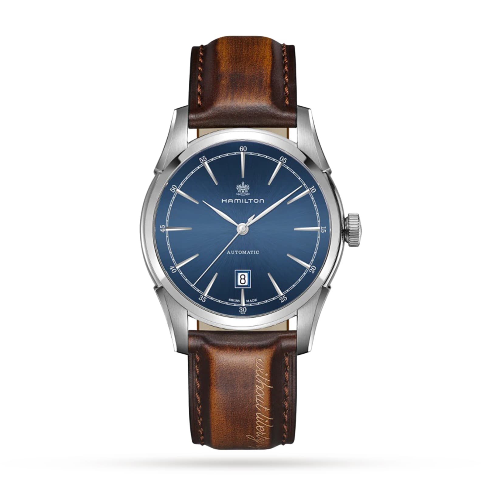 A Hamilton American Classic Spirit of Liberty Auto wristwatch with a silver case, blue dial, date at 6 o’clock, brown leather strap, and H-10 automatic movement with 80-hour power reserve, set on a white background.