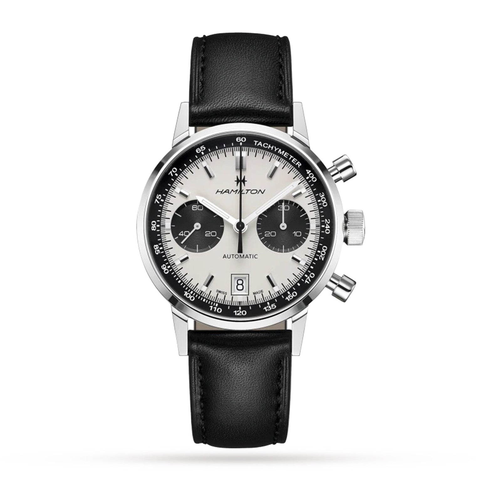 The Hamilton American Classic Intra-Matic Auto Chrono is a silver chronograph with a black leather strap and two black subdials on a white dial.