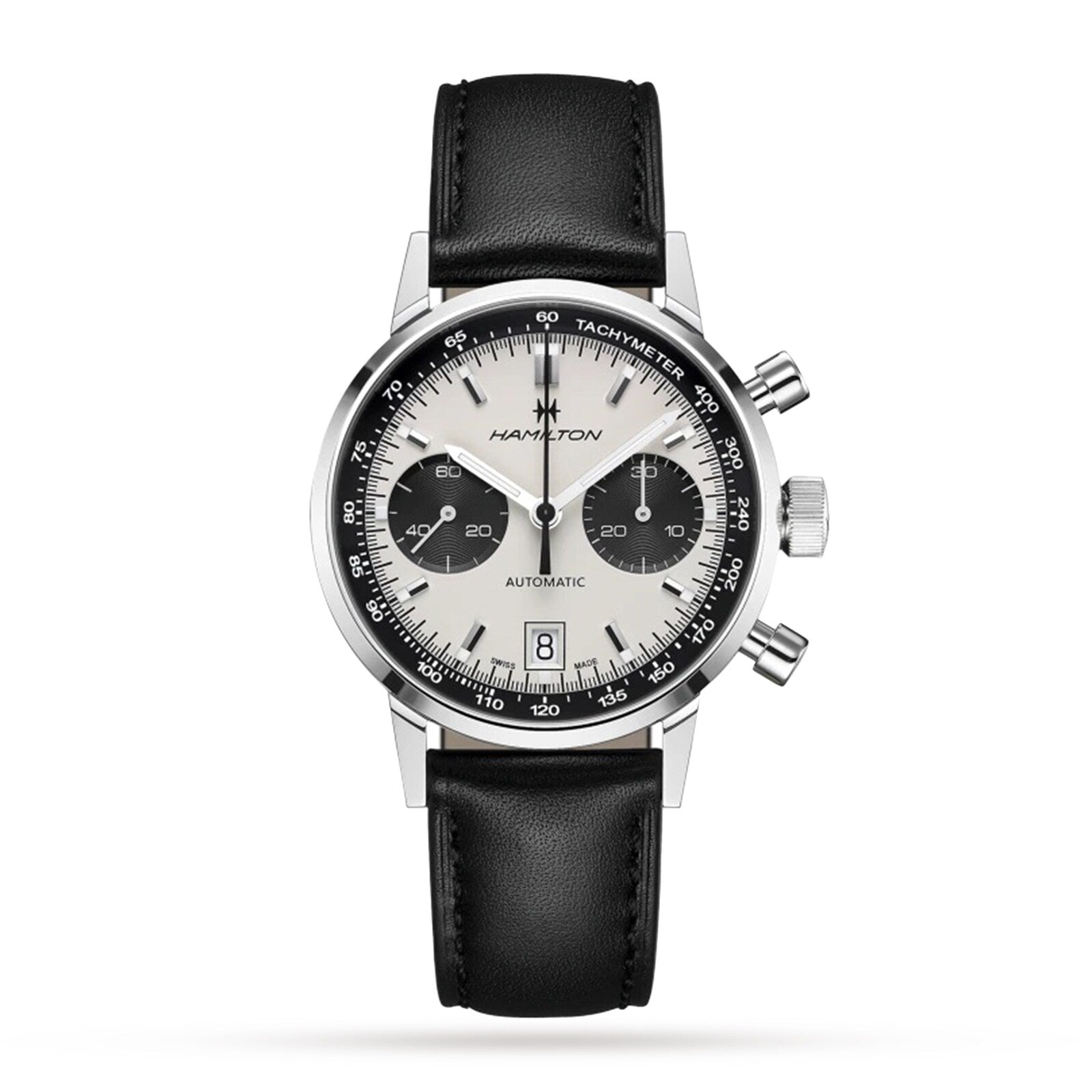 The Hamilton American Classic Intra-Matic Auto Chrono is a silver chronograph with a black leather strap and two black subdials on a white dial.