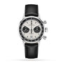 The Hamilton American Classic Intra-Matic Auto Chrono is a silver chronograph with a black leather strap and two black subdials on a white dial.