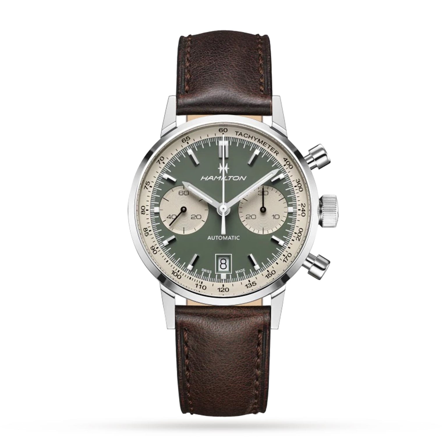 The Hamilton American Classic Intra-Matic Auto Chrono 40mm features a green dial, two subdials, vintage styling, a date window at 6 o’clock, and a brown leather strap on a white background.