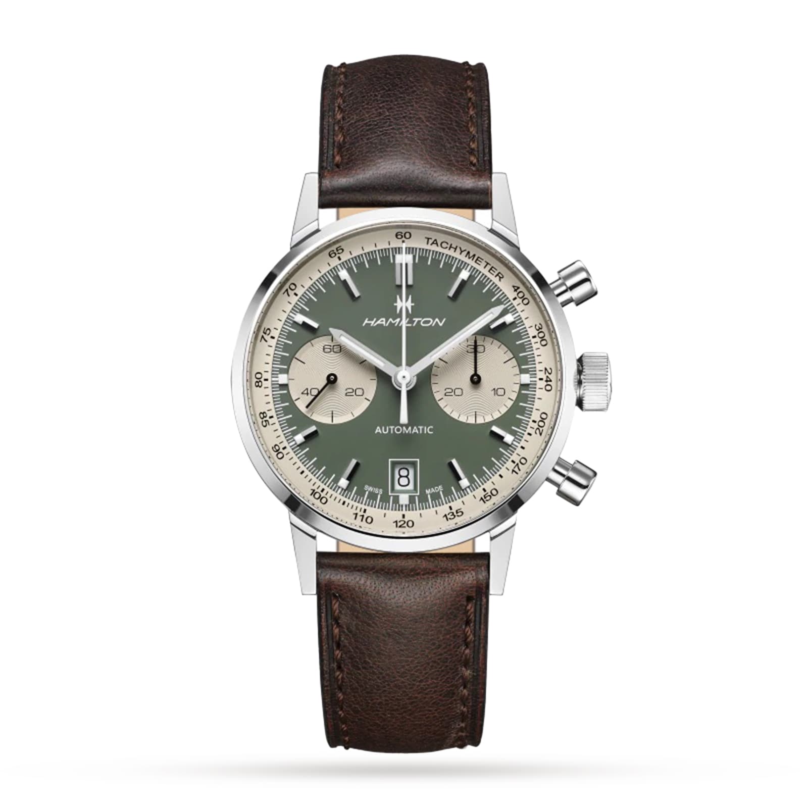 The Hamilton American Classic Intra-Matic Auto Chrono 40mm features a green dial, two subdials, vintage styling, a date window at 6 o’clock, and a brown leather strap on a white background.
