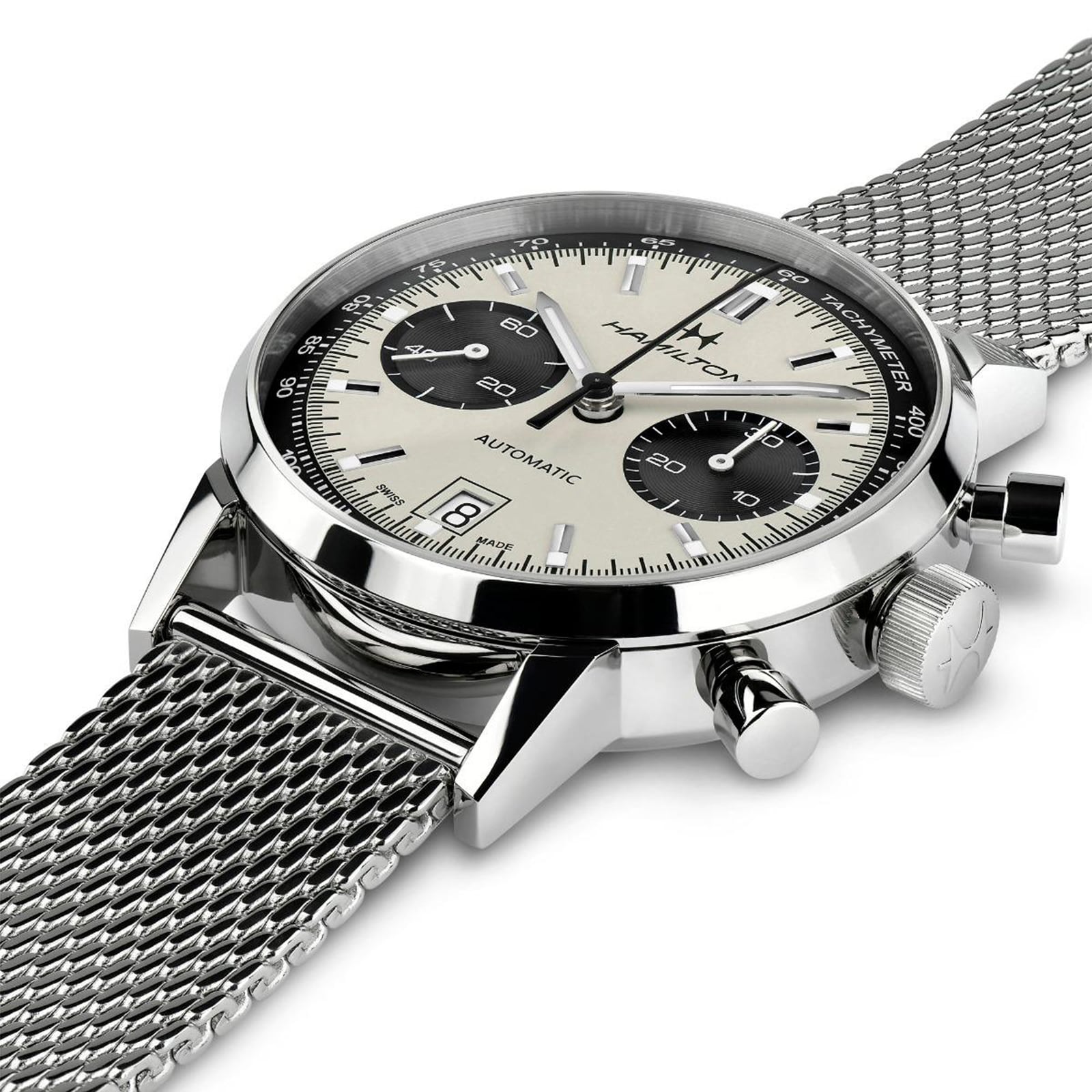 The Hamilton American Classic Intra-Matic Auto Chrono wristwatch features a silver case, panda dial with two black subdials, a date window at 6 oclock, and comes with a stainless steel mesh bracelet.