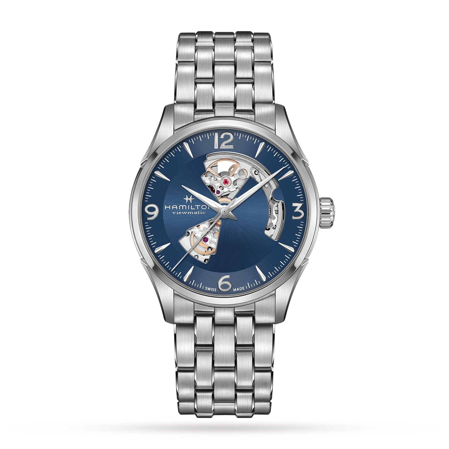 The Hamilton Jazzmaster Open Heart Auto features a blue open-heart dial that reveals its Swiss automatic movement, crafted in stainless steel with a metal link bracelet.