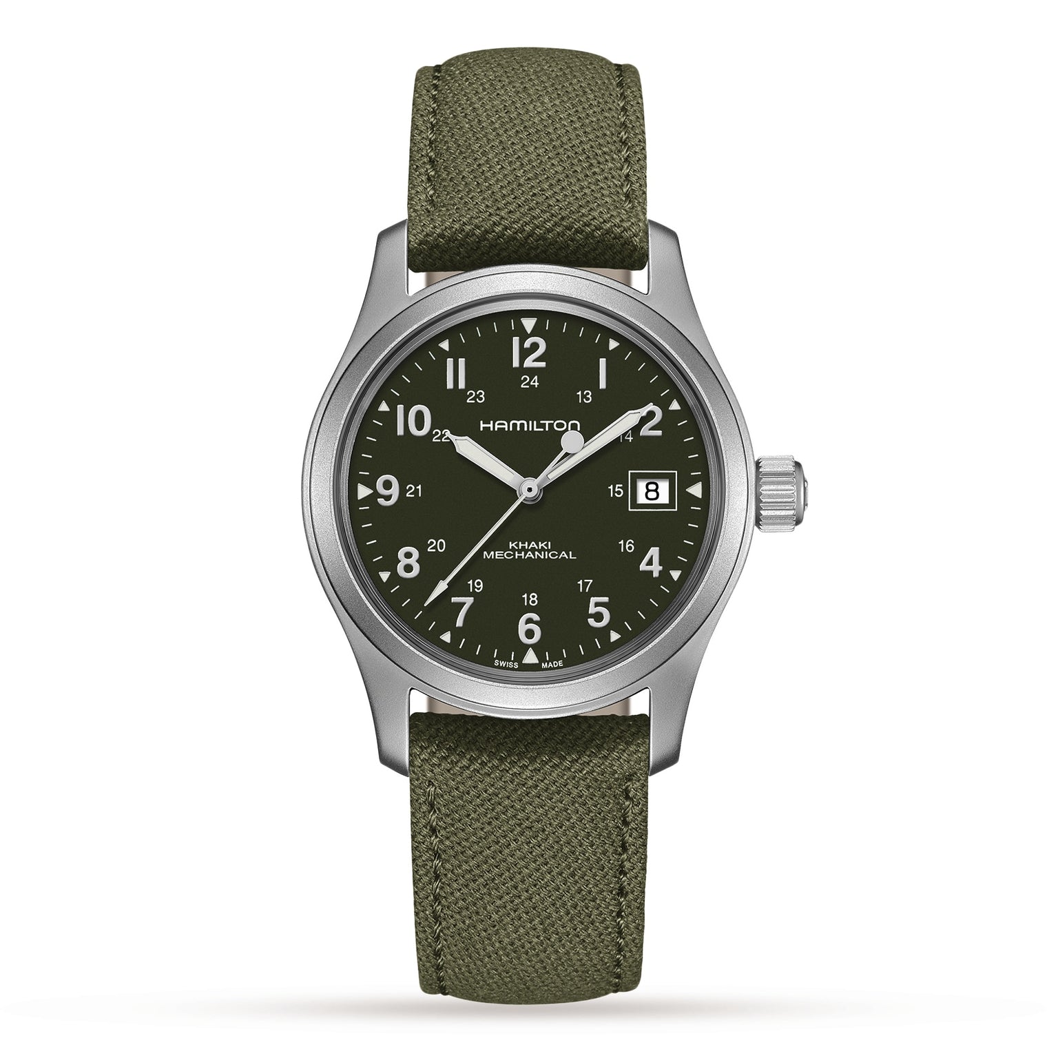 The Hamilton Khaki Field Mechanical features an olive green strap, black dial, white markers, and a date window at 3 o’clock.