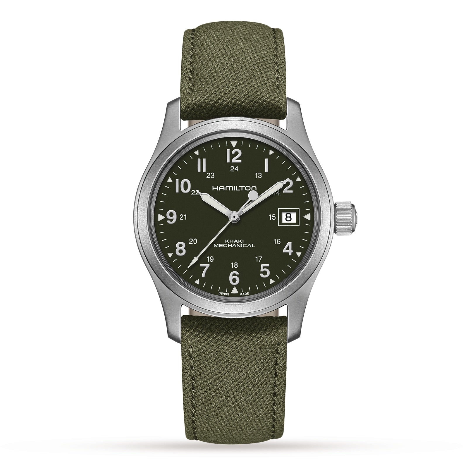 The Hamilton Khaki Field Mechanical features an olive green strap, black dial, white markers, and a date window at 3 o’clock.