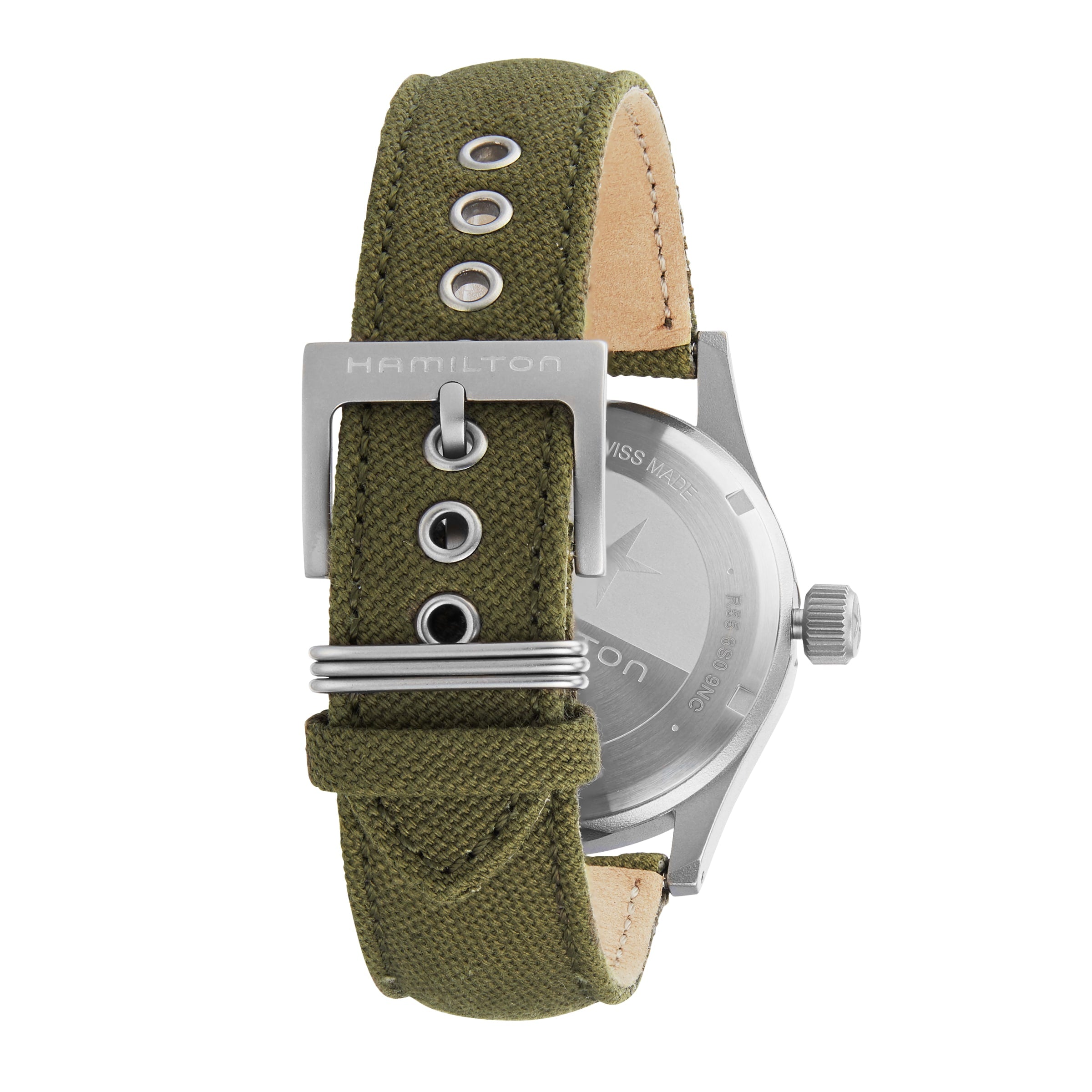 Back view of the Hamilton Khaki Field Mechanical watch, featuring an olive green fabric strap, silver buckle, and stainless steel case.