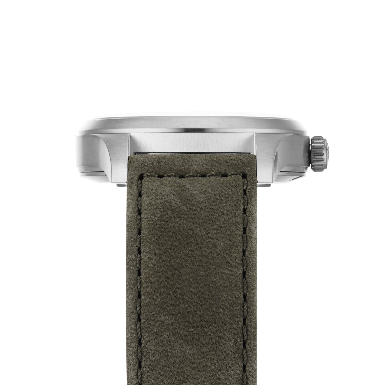 Side view of the Hamilton Khaki Field Titanium Auto watch case in silver with a textured green strap and visible crown, set against a white background.