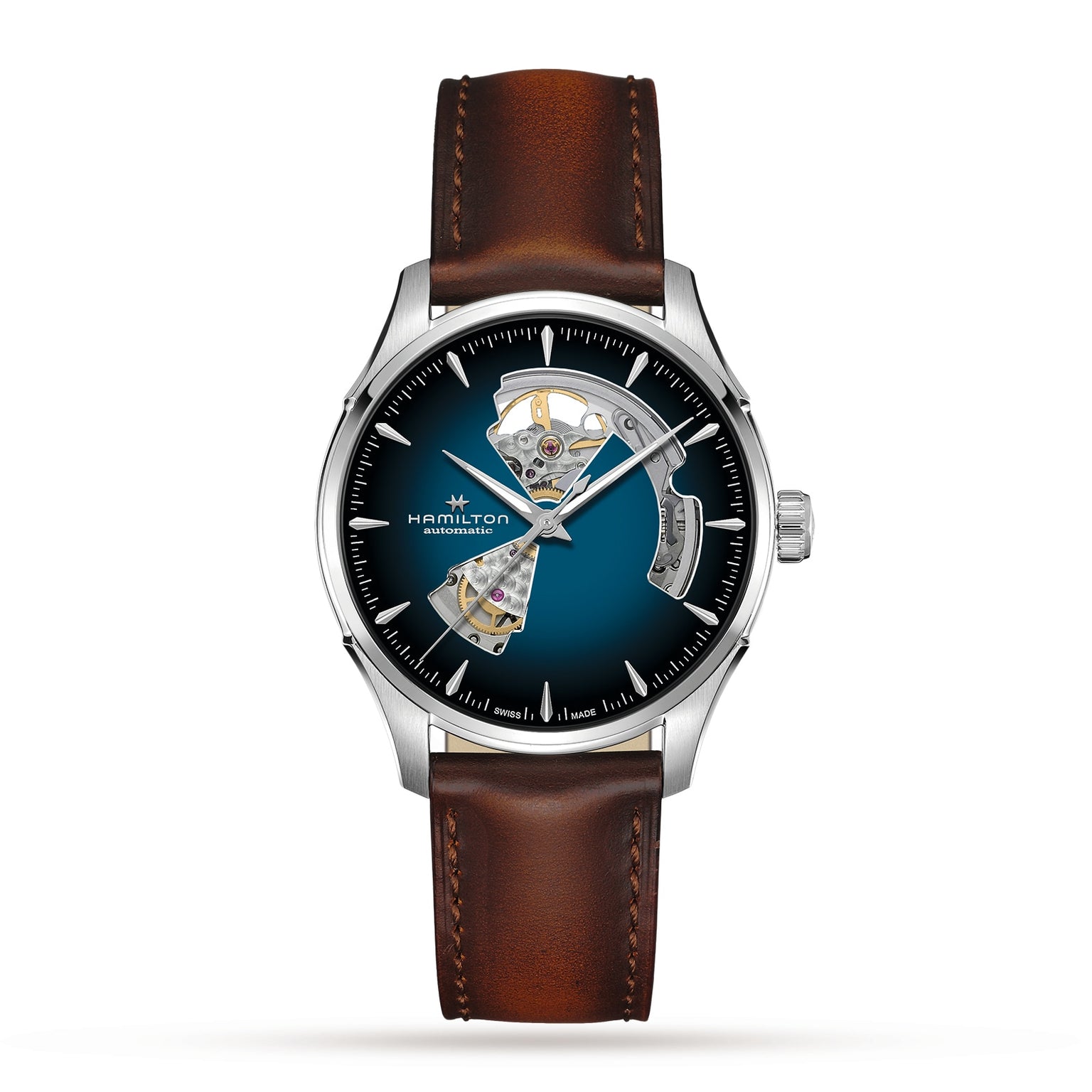 The Hamilton Jazzmaster Open Heart Auto features a silver case, blue smoked dial, open-heart design displaying the movement, and a brown leather strap in a contemporary style.
