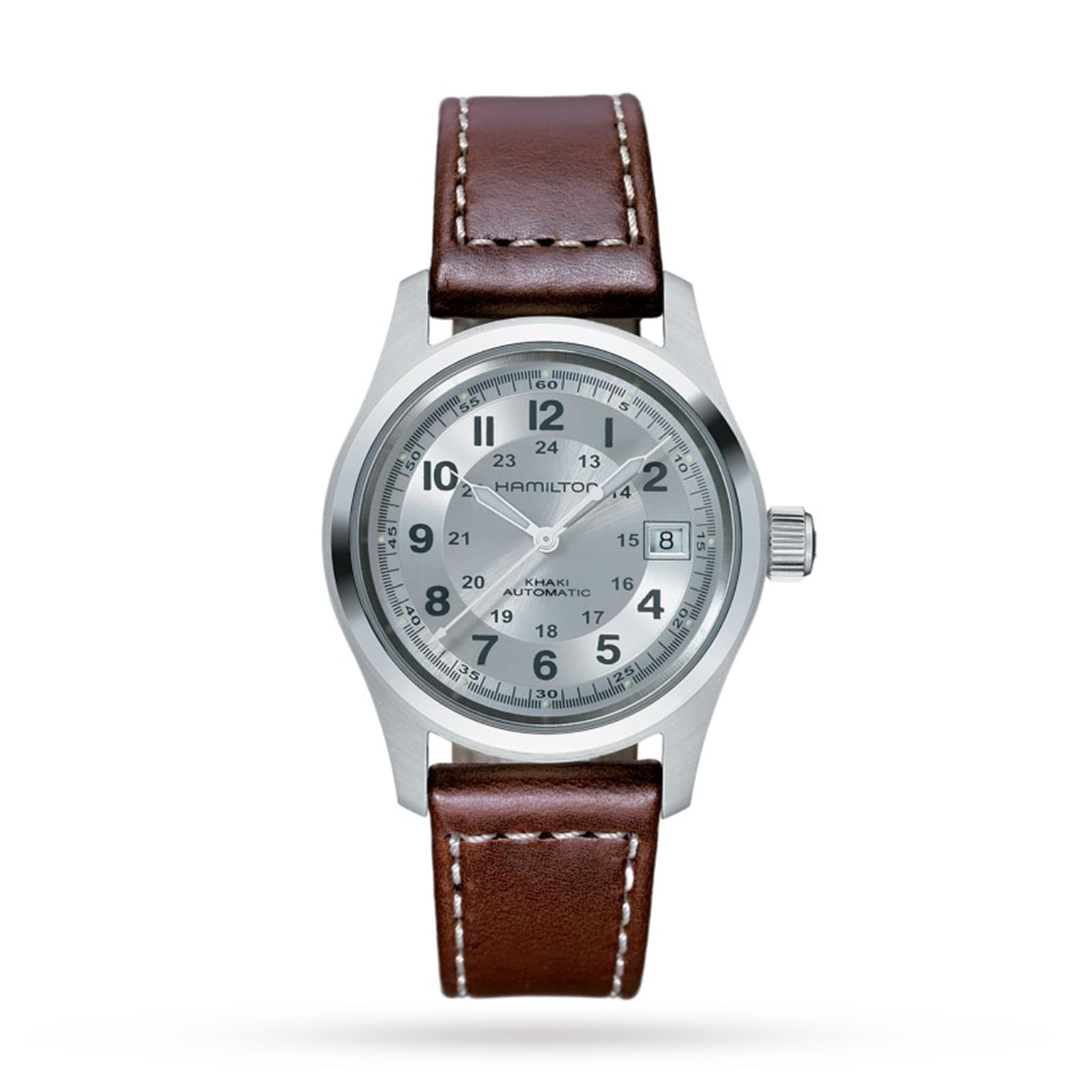 The Hamilton King Auto wristwatch features a rugged case, brown leather strap, Arabic numerals, date display, and luminous hands. It is displayed on a white background.