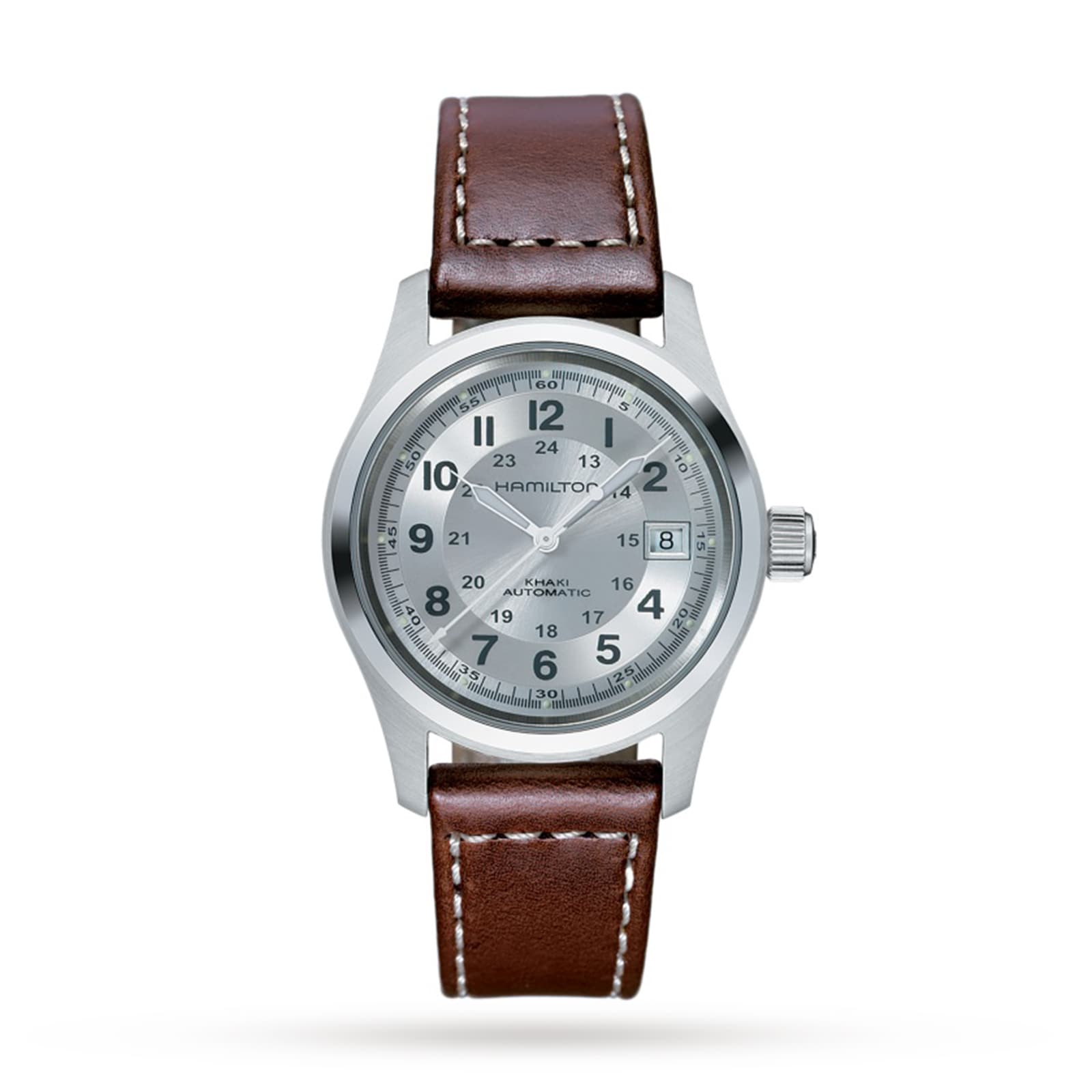 The Hamilton King Auto wristwatch features a rugged case, brown leather strap, Arabic numerals, date display, and luminous hands. It is displayed on a white background.