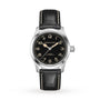 The Hamilton Khaki Field Murph 38mm wristwatch features a black dial, silver case, Arabic numerals, and a black leather strap with white stitching. It has automatic movement and is shown against a white background.