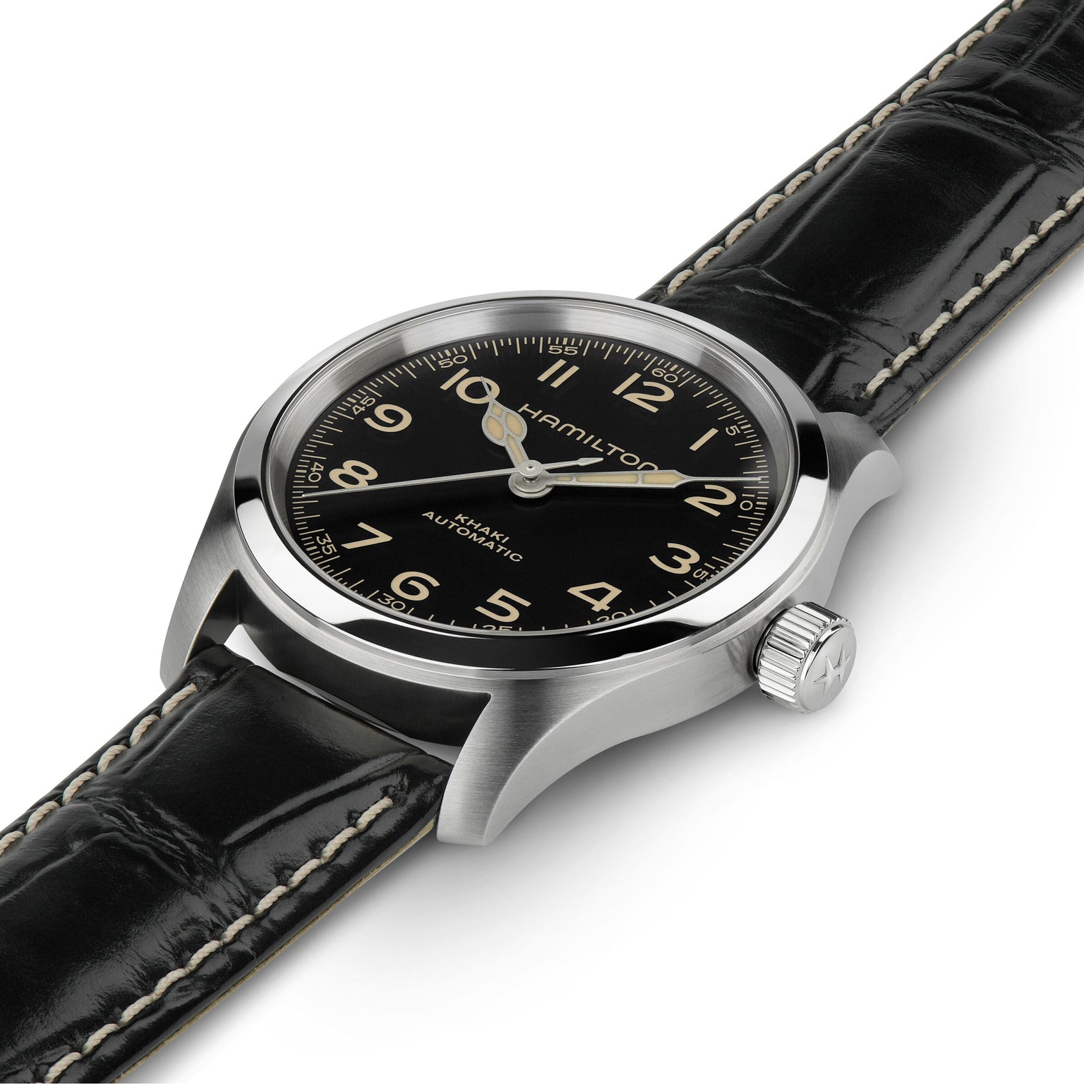 The Hamilton Khaki Field Murph 38mm watch features a black dial with white numerals, a silver case, and a black leather strap with white stitching, plus an 80-hour power reserve and reliable automatic movement.