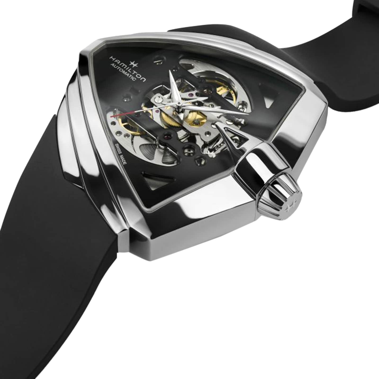 A close-up of the Hamilton Ventura XXL Skeleton Auto showcases its extra-large dial, black strap, triangular stainless steel case, and visible mechanical movement revealed through precision cut-outs in the partially transparent dial.