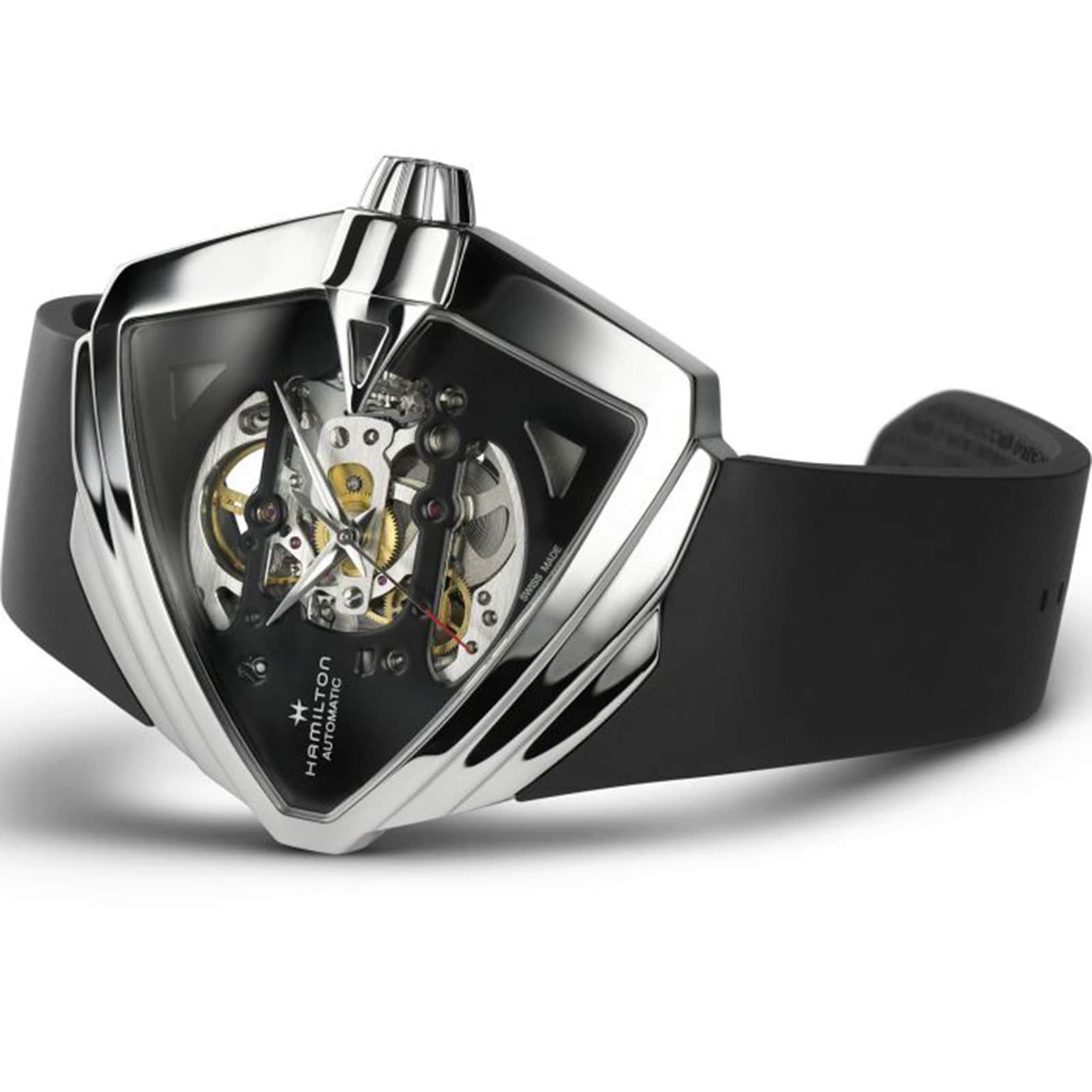 The Hamilton Ventura XXL Skeleton Auto wristwatch features a black strap, triangular case, and precision cut-outs that reveal its exposed mechanical movement on an extra-large dial.