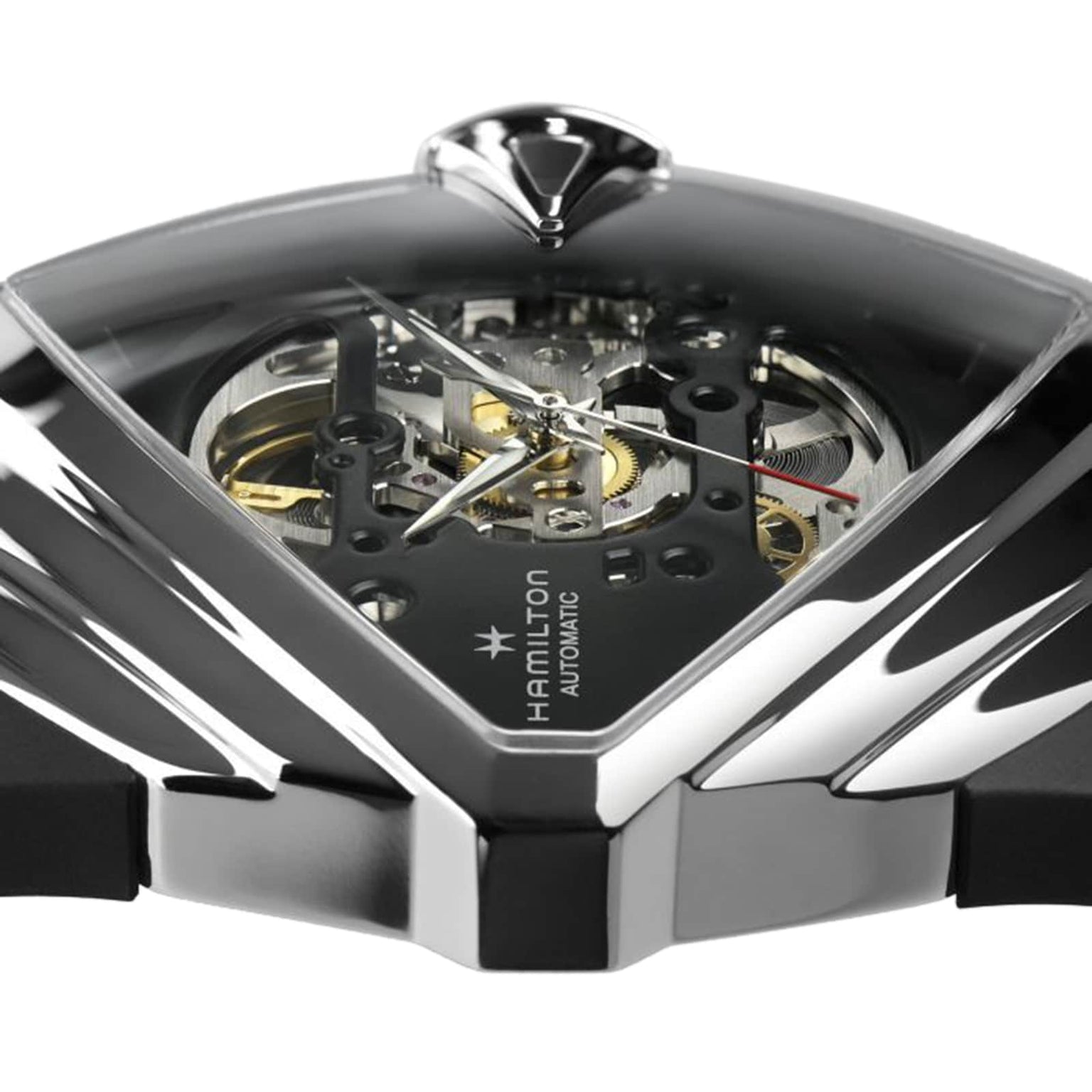 Close-up of the Hamilton Ventura XXL Skeleton Auto watch, showcasing its bold extra-large dial, precision cut-outs, and exposed mechanical gears beneath the glass.