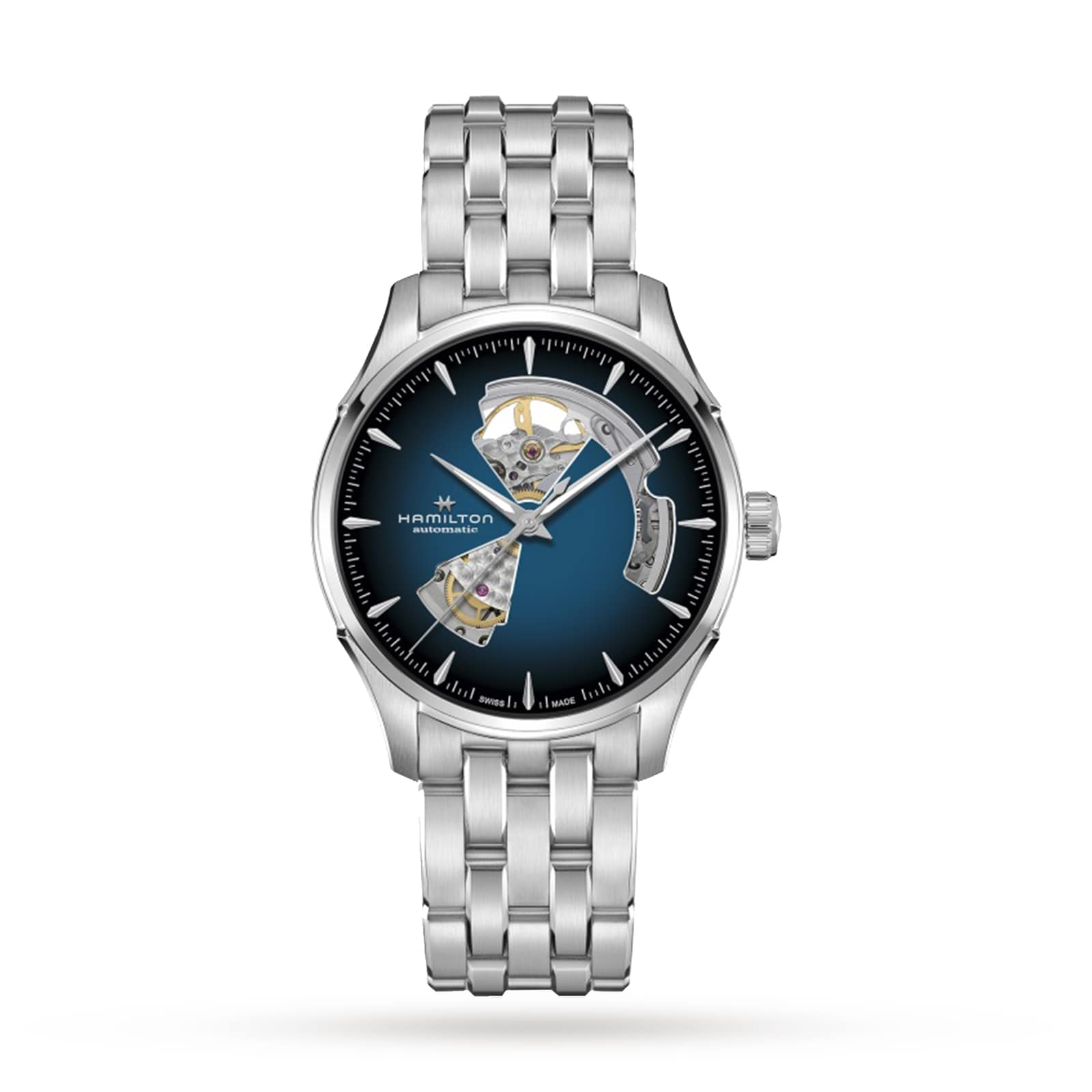 The Hamilton Jazzmaster Open Heart Auto features a smoked blue gradient dial with open-heart cutouts revealing the movement and a stainless steel bracelet for a modern look.