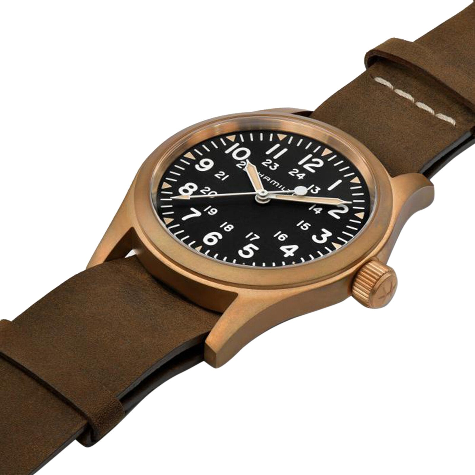 The Hamilton Khaki Field Mechanical features a brown leather strap, bronze case, and black dial with white numerals, reflecting its rugged military heritage.
