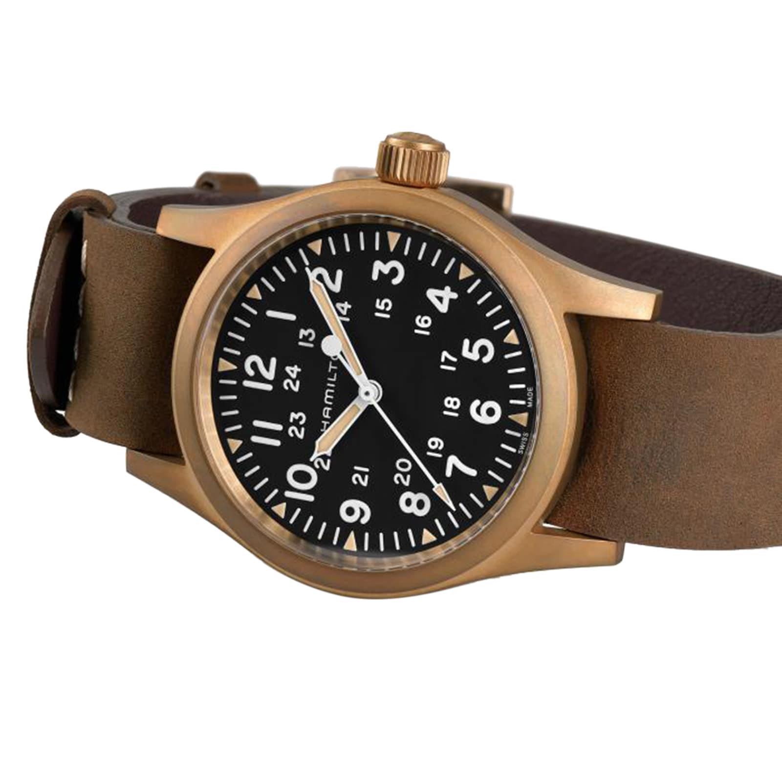 The Hamilton Khaki Field Mechanical wristwatch is shown at an angle, featuring a black dial with white numerals, a bronze case, and a brown leather strap that highlights its military heritage.