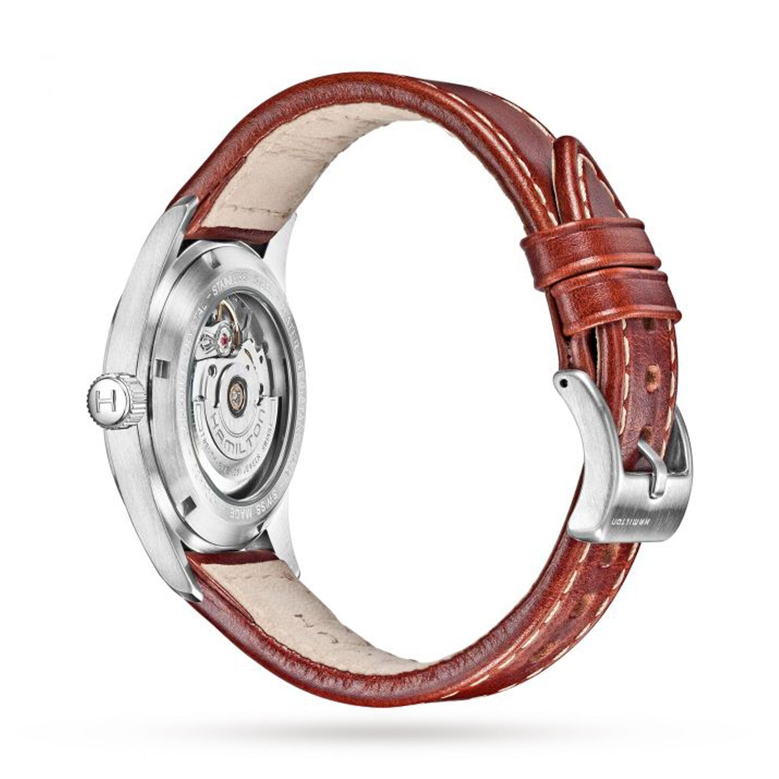 A close-up of the Hamilton Khaki Field Auto showcases its brown leather strap, robust case, and visible mechanical movement through a transparent case back.
