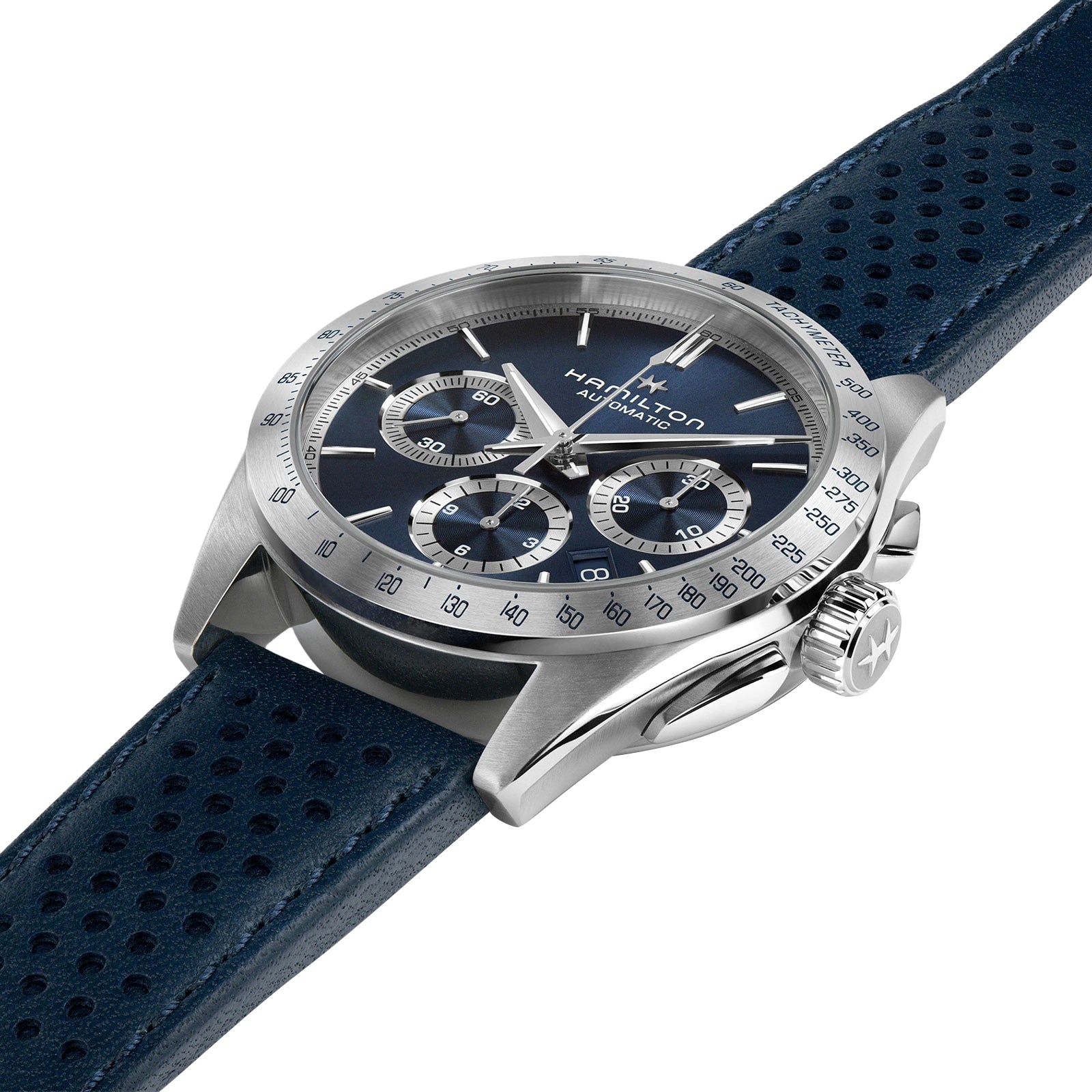 The Hamilton Jazzmaster Performer Auto Chrono is a stainless steel automatic chronograph featuring a blue dial with three subdials, a tachymeter bezel, and a perforated blue leather strap—highlighting quality craftsmanship.