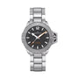 The Hamilton Khaki Navy Frogman Auto watch features a stainless steel case, black dial, silver hour markers, and metal bracelet. Displayed on a white background, it stands out for its impressive water resistance.