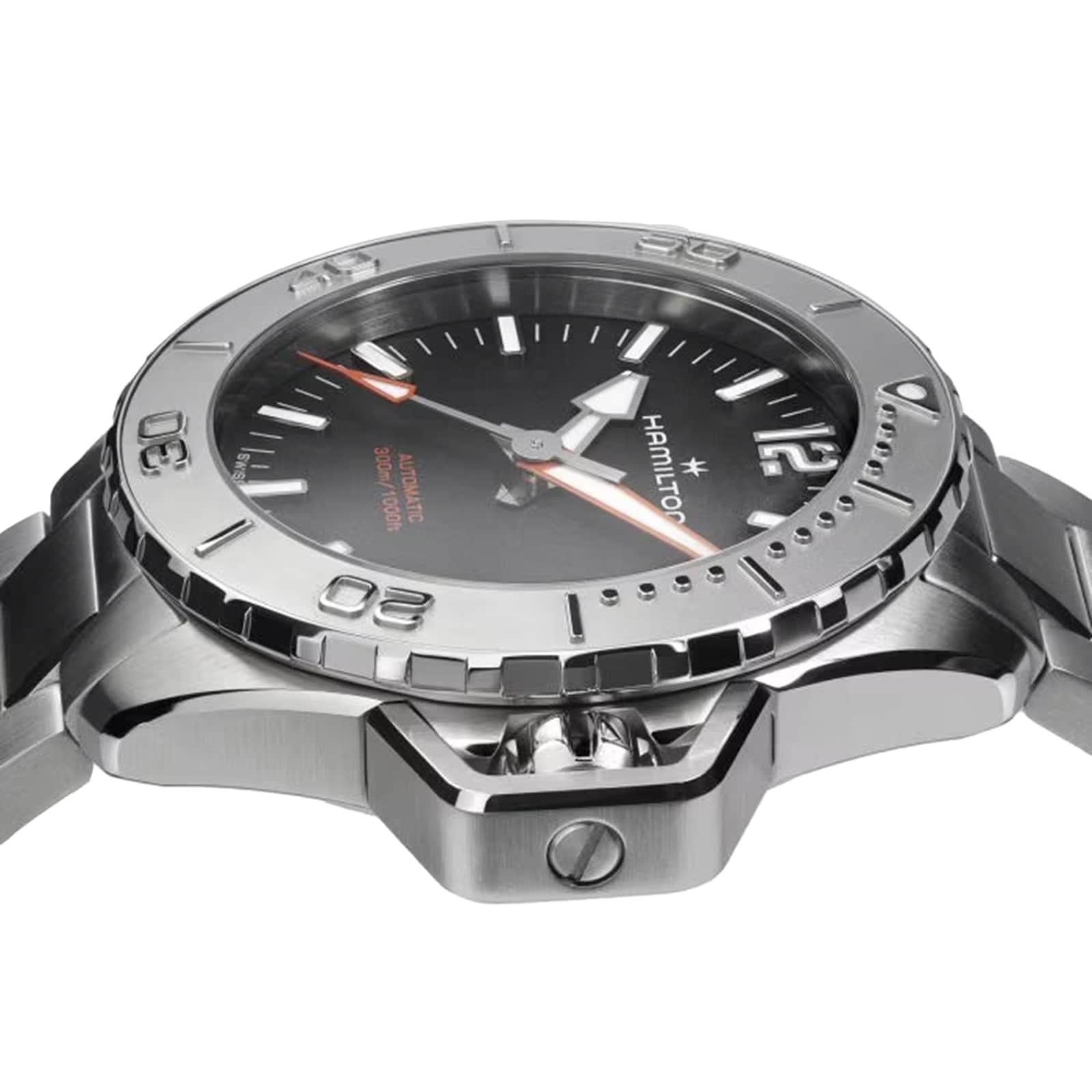 A close-up side view of the Hamilton Khaki Navy Frogman Auto watch featuring a black dial, silver bezel, luminous hands and hour markers, and exceptional water resistance.
