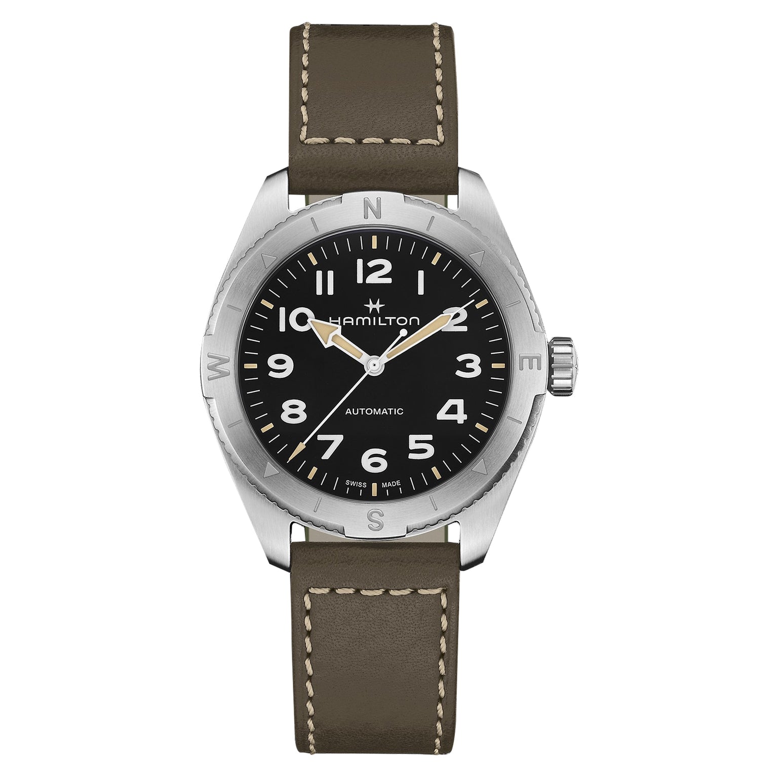 The Hamilton Khaki Field Expedition Auto features a black dial with white numerals, Super-LumiNova®, a silver bezel, and an olive green leather strap with white stitching.
