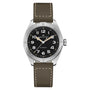 The Hamilton Khaki Field Expedition Auto features a black dial with white numerals, Super-LumiNova®, a silver bezel, and an olive green leather strap with white stitching.