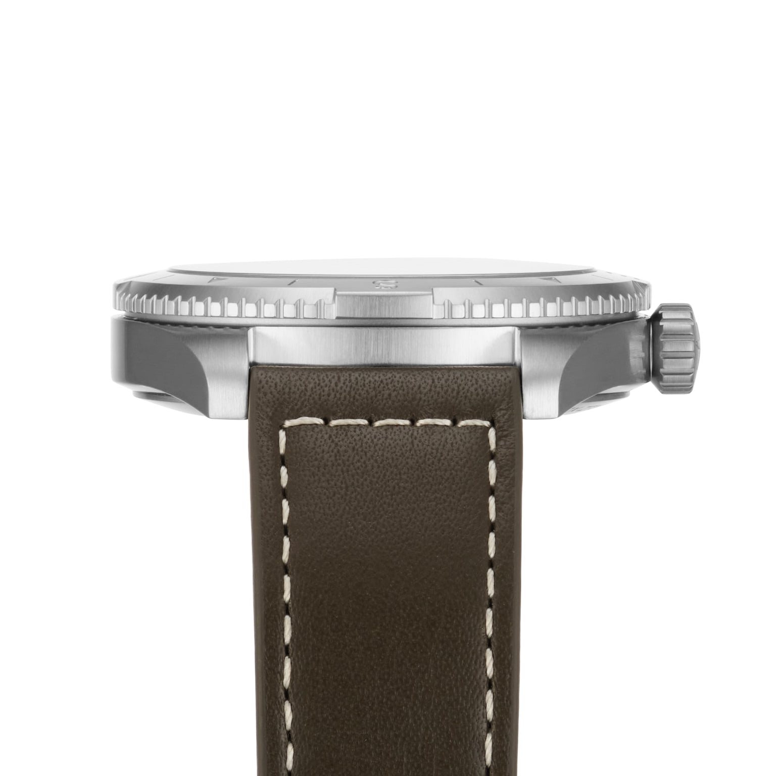 Side view of the Hamilton Khaki Field Expedition Auto wristwatch with a stainless steel case, textured screw-down crown, and an olive green leather strap with white stitching.