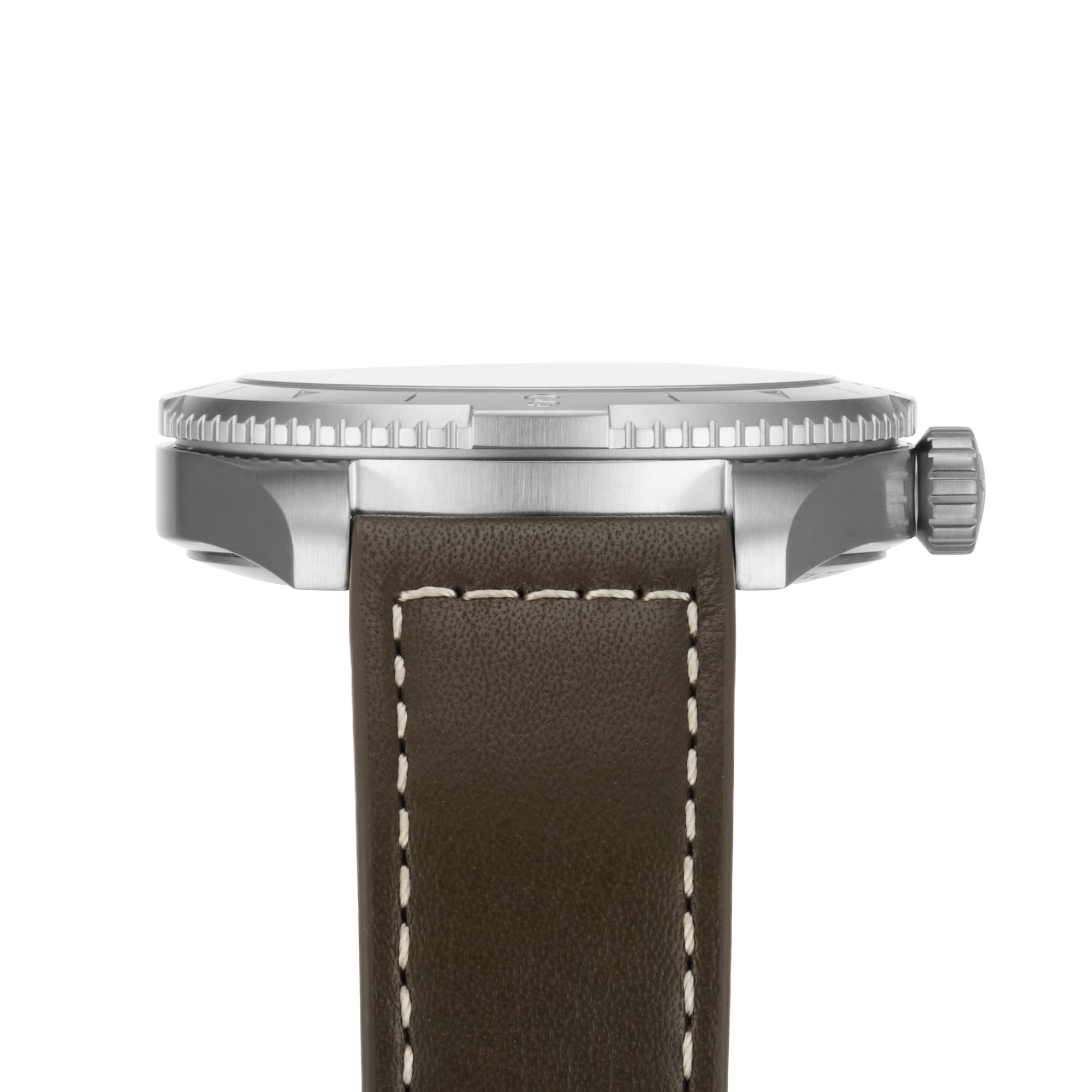 Side view of the Hamilton Khaki Field Expedition Auto wristwatch with a stainless steel case, textured screw-down crown, and an olive green leather strap with white stitching.