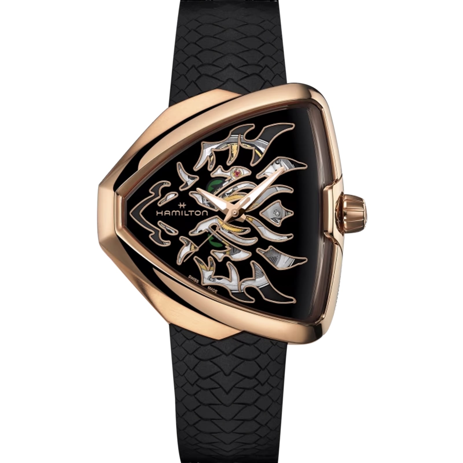 The Hamilton Khaki Field King Auto features a black, triangular face with an artistic skeleton design and comes on a textured black strap.