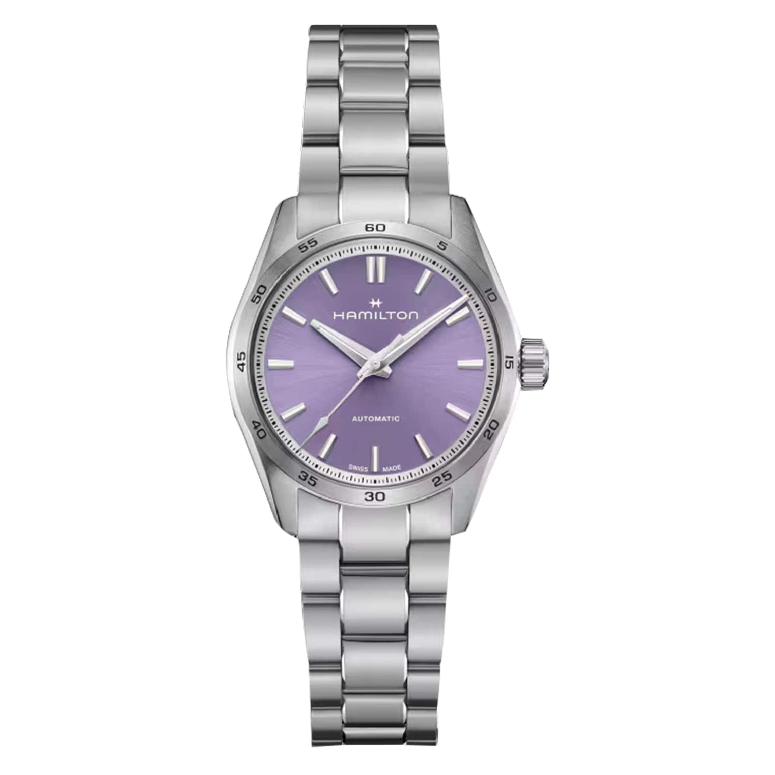 The Hamilton Jazzmaster Performer Auto features a stainless steel case, purple dial with silver hour markers, and a matching metal link bracelet.