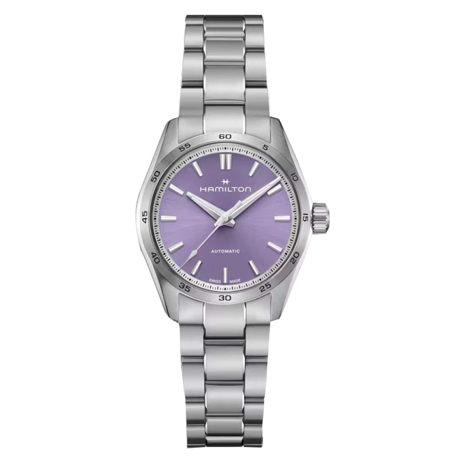 The Hamilton Jazzmaster Performer Auto features a stainless steel case, purple dial with silver hour markers, and a matching metal link bracelet.