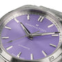 Close-up of the Hamilton Jazzmaster Performer Auto watch featuring a purple dial, stainless steel markers and hands, with Automatic displayed above 6 o’clock.