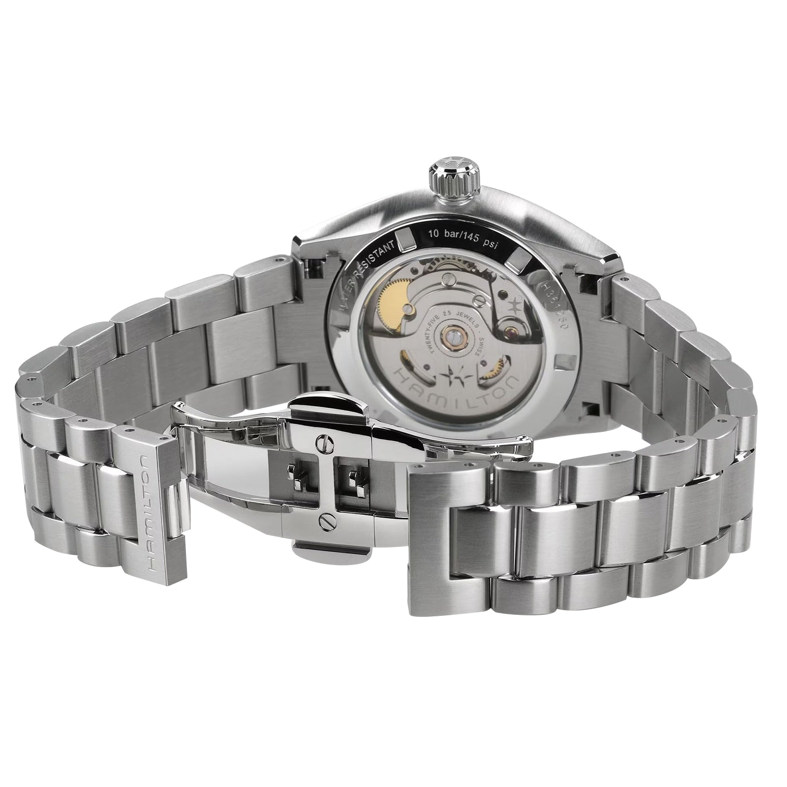 The Hamilton Jazzmaster Performer Auto features a stainless steel case, open bracelet, and a transparent case back showcasing its automatic movement.