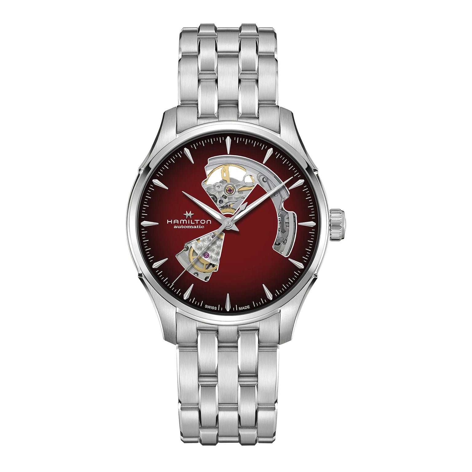 The Hamilton Jazzmaster Open Heart Auto is a stainless steel wristwatch featuring a silver bracelet, red gradient dial, and an exposed automatic movement visible through cut-outs on the face.