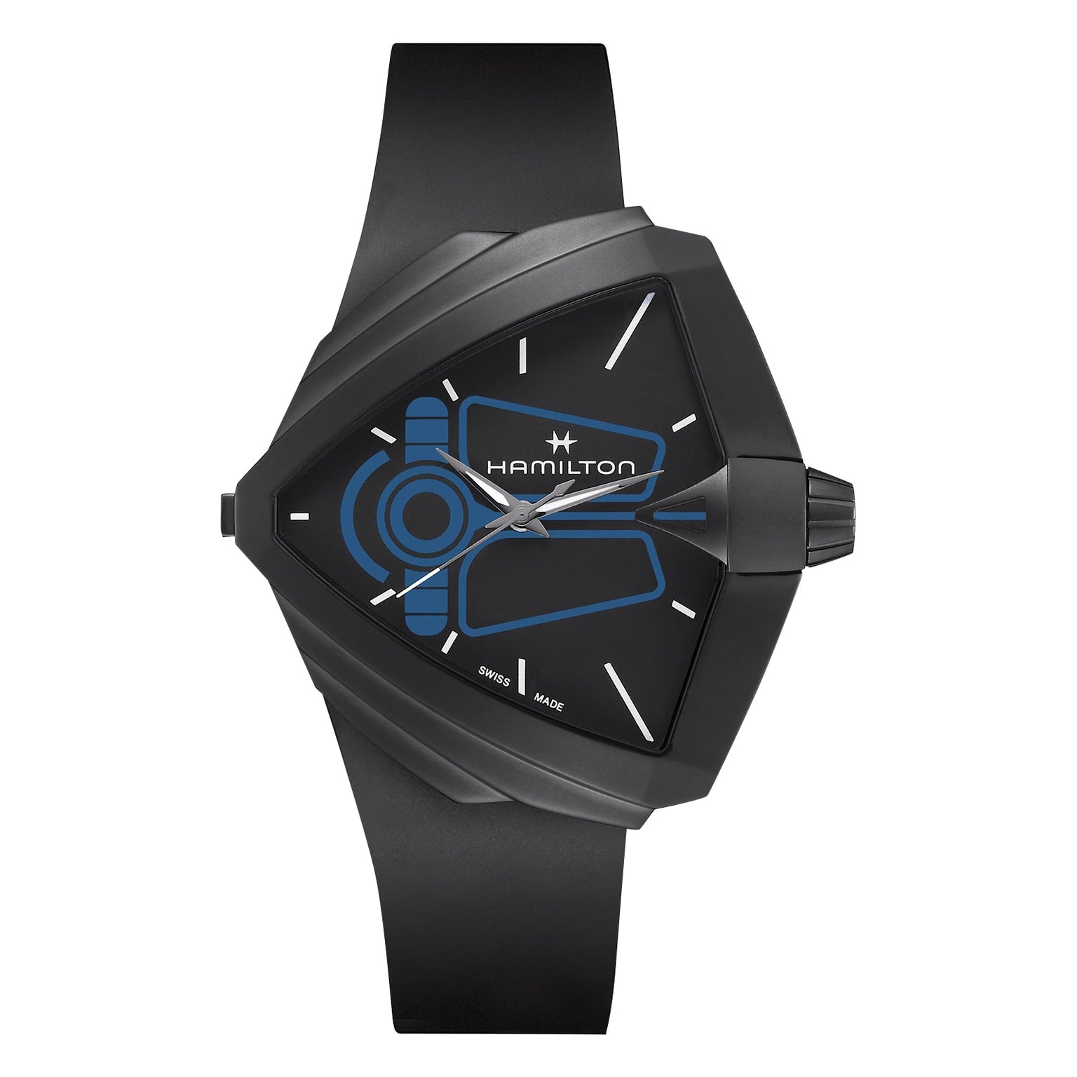 The Hamilton Ventura XXL Bright Dune Limited Edition features a black triangular case, minimal white hour markers, and a blue futuristic motif on the black dial, all presented in commemorative packaging.
