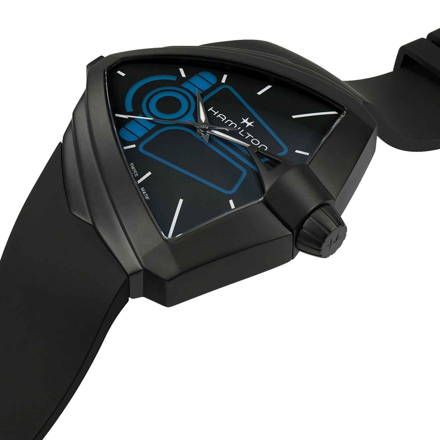 The Hamilton Ventura XXL Bright Dune Limited Edition wristwatch, featuring a futuristic black triangular case, blue accents, a rubber strap, and exclusive commemorative packaging, is displayed at an angle on a white background.