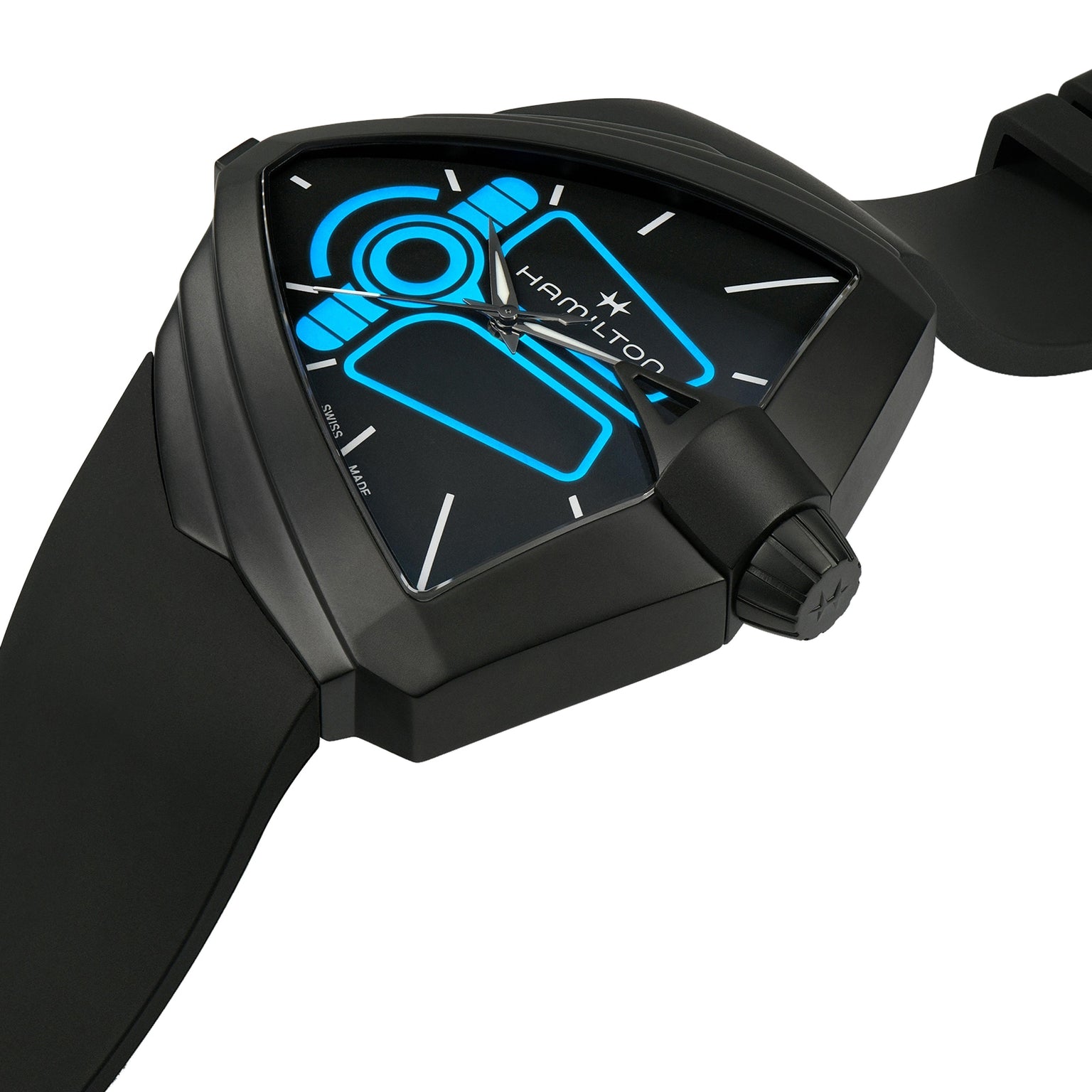 Close-up of the futuristic Hamilton Ventura XXL Bright Dune Limited Edition: a black, triangular-cased wristwatch with digital-style blue accents and black rubber strap, presented in special commemorative packaging.