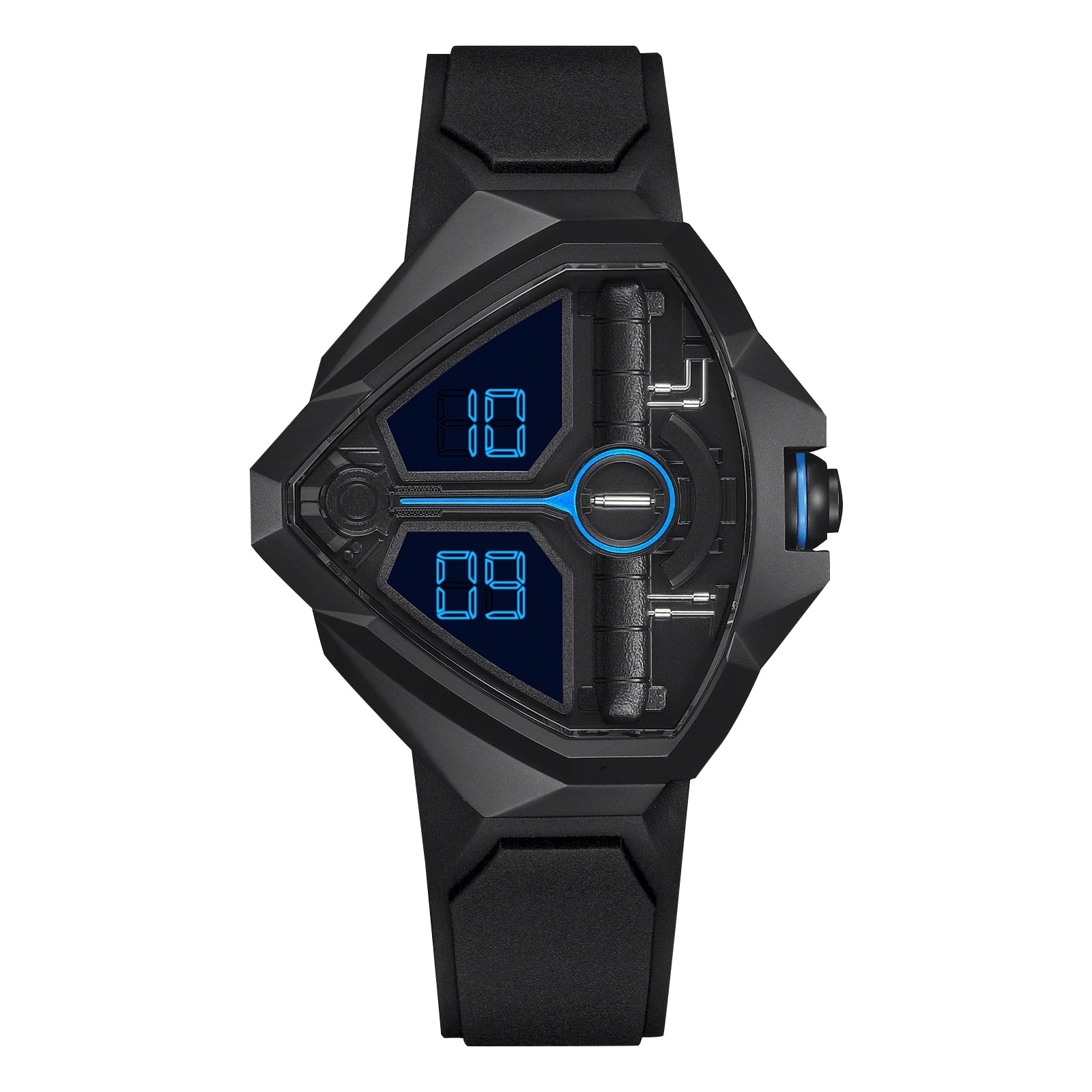 The Hamilton Ventura Edge Dune Limited Edition is a black digital wristwatch with a triangular face, blue digital display, and black rubber strap, displayed against a white background.