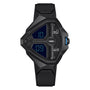 The Hamilton Ventura Edge Dune Limited Edition is a futuristic black digital wristwatch with a triangular face and dual blue LED screens displaying “10:09,” inspired by the exclusive Dune Part Two watch.
