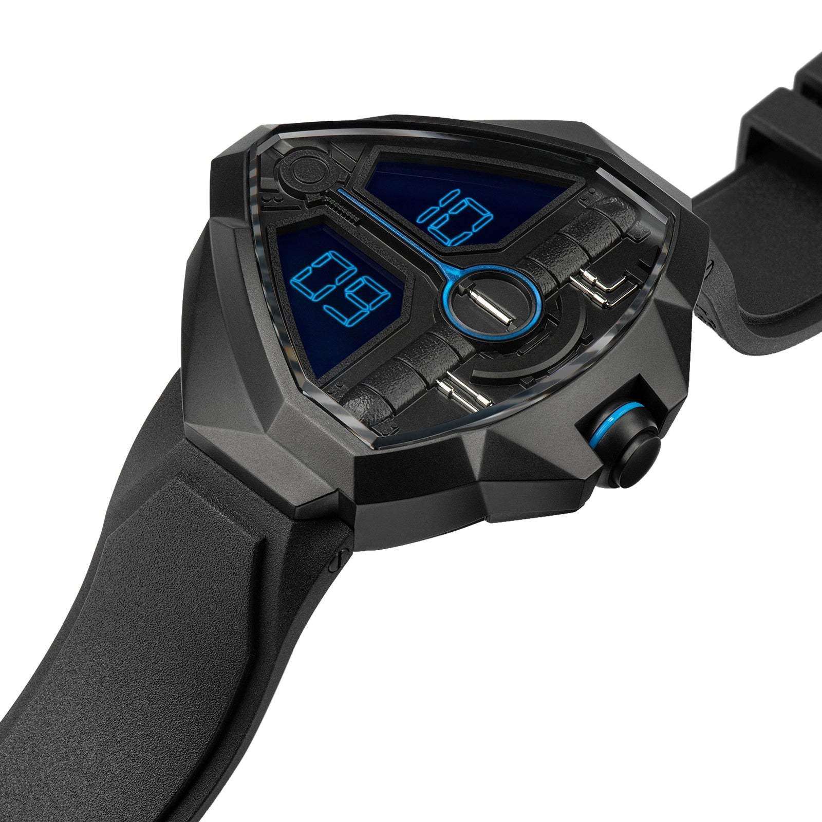 The Hamilton Ventura Edge Dune Limited Edition is a futuristic black digital watch with a triangular face, blue digital display, and a sleek black rubber strap, inspired by Dune Part Two.
