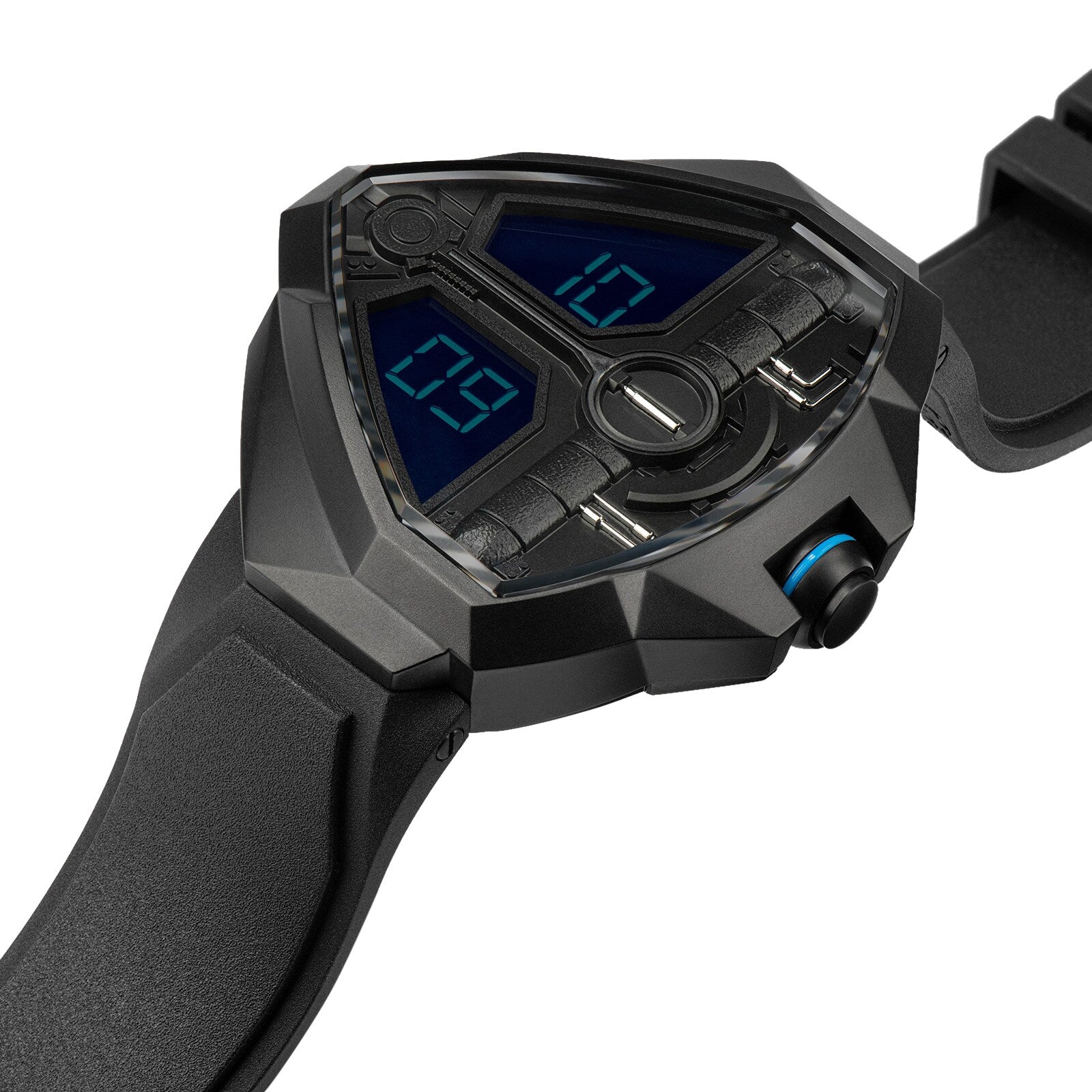 The Hamilton Ventura Edge Dune Limited Edition features a modern black triangular case, digital blue displays of 09 and 10, and a black strap—ideal for collectors and fans of the iconic Dune Part Two watch series.