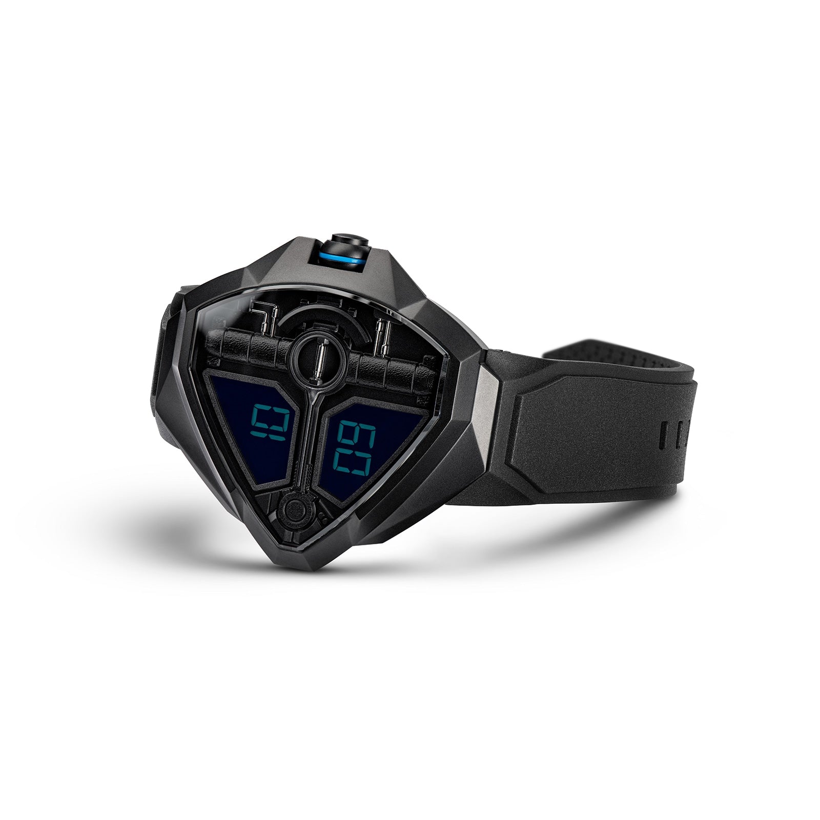 The Hamilton Ventura Edge Dune Limited Edition is a black, futuristic digital wristwatch with a triangular face and blue display, shown against a white background.