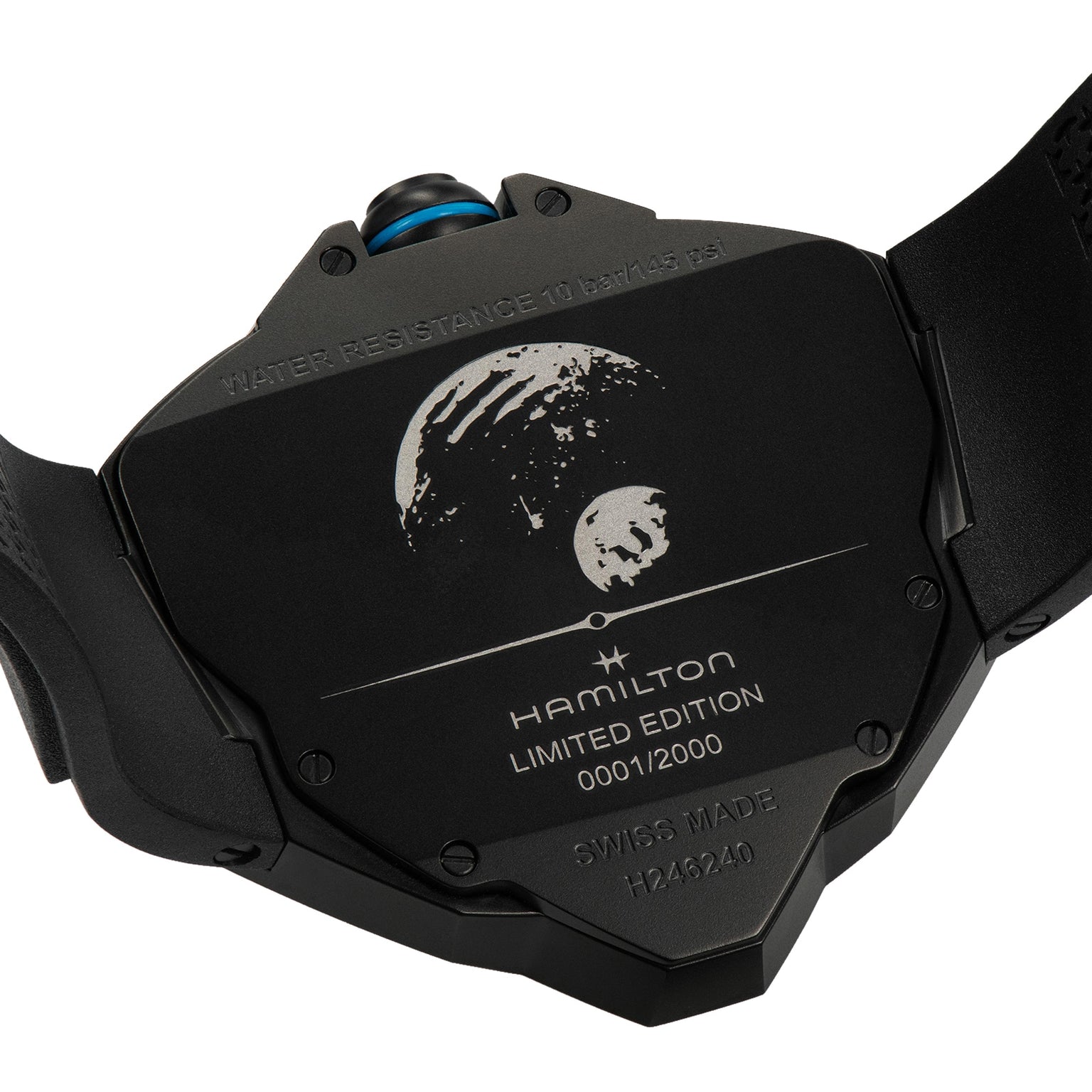 The back of the Hamilton Ventura Edge Dune Limited Edition watch is engraved with the moon, serial number, SWISS MADE, water resistance info, and model number.