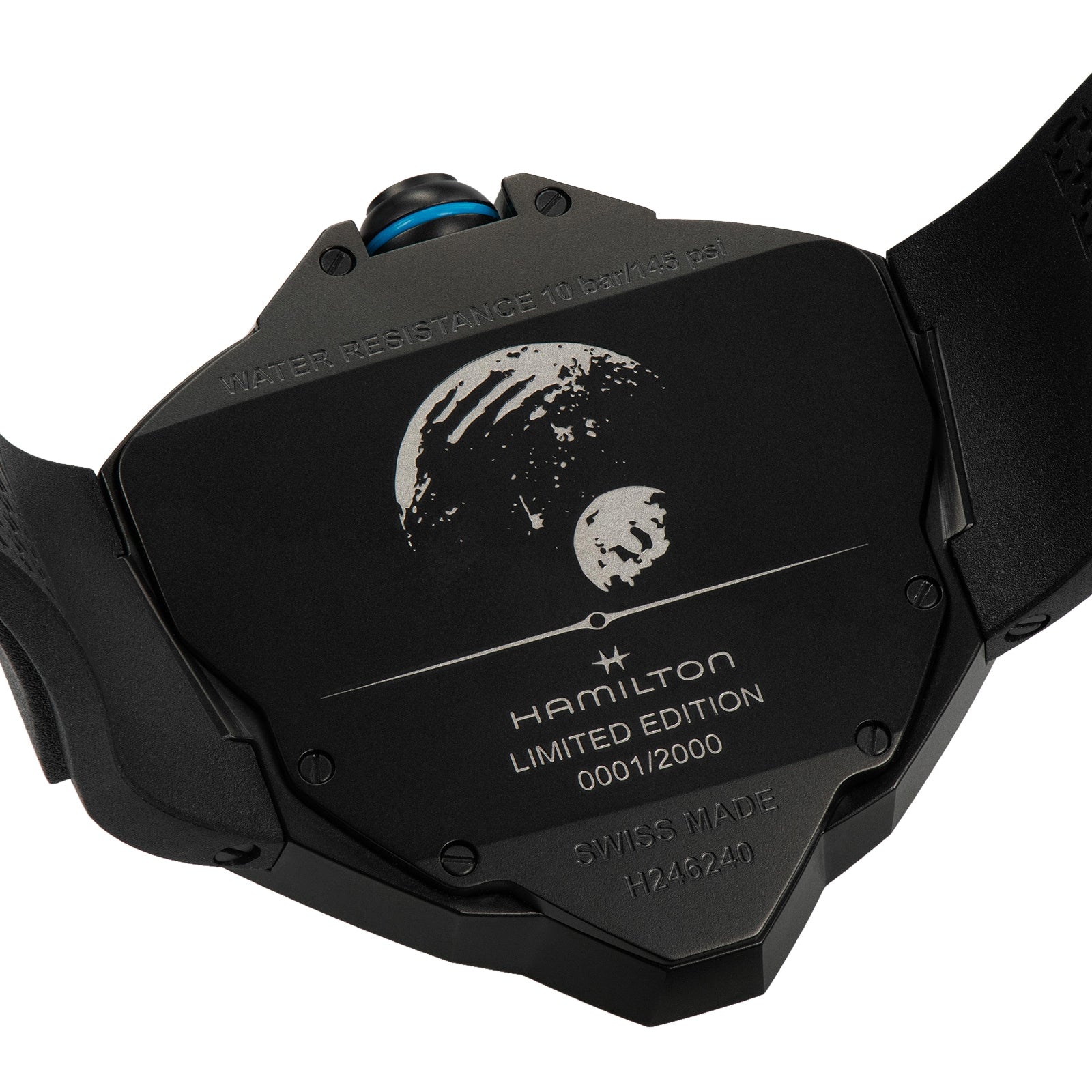 The back of the Hamilton Ventura Edge Dune Limited Edition watch is engraved with the moon, serial number, SWISS MADE, water resistance info, and model number.