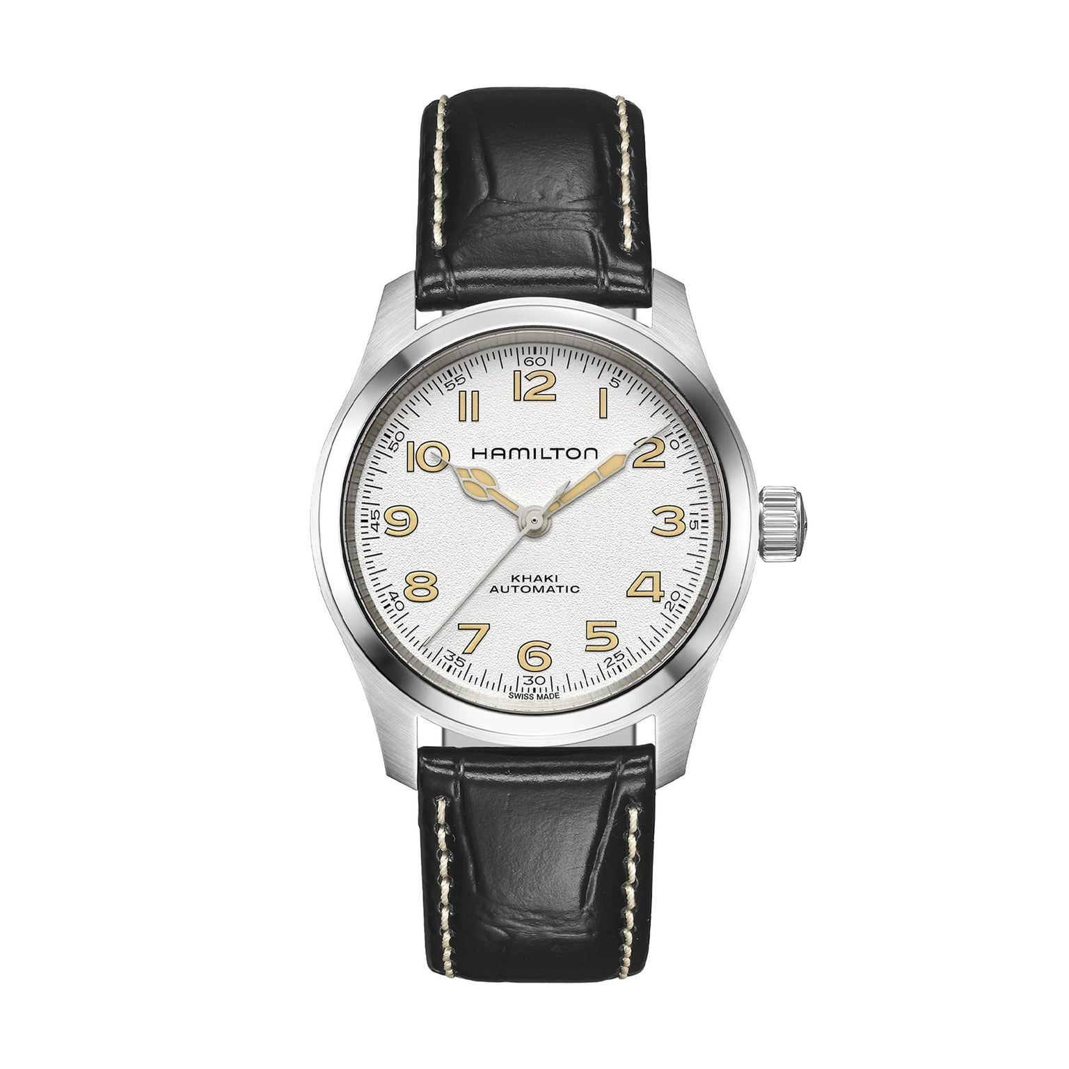 The Hamilton Khaki Field Murph 38mm features a white dial, tan numerals, silver-tone case, and black leather strap with white stitching—an attractive vintage-style timepiece perfect for Hamilton fans.